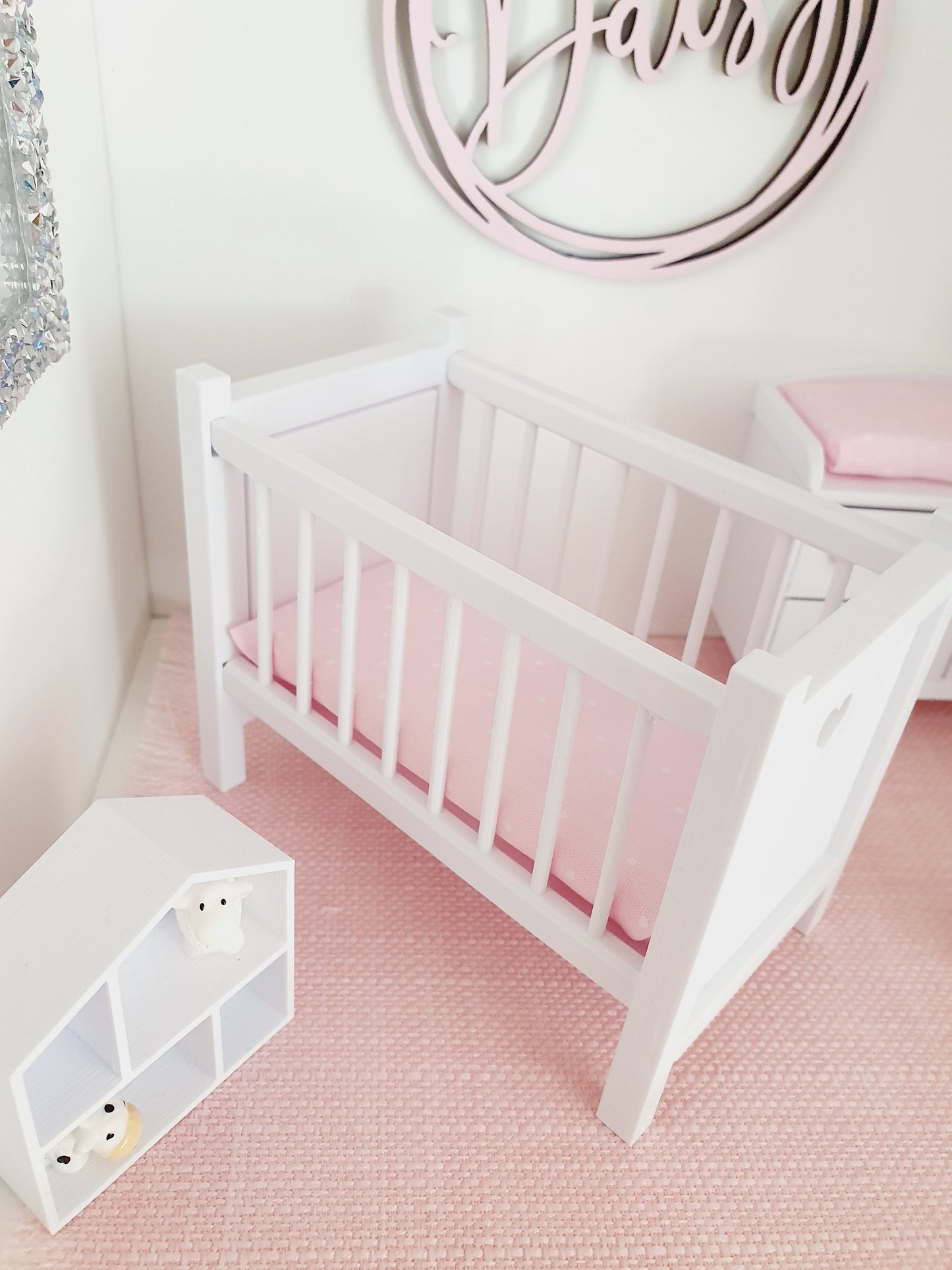 Dolls House Modern Coloured Cot with polka dot mattress, 1:12th Scale, Miniature Crib/ Cot