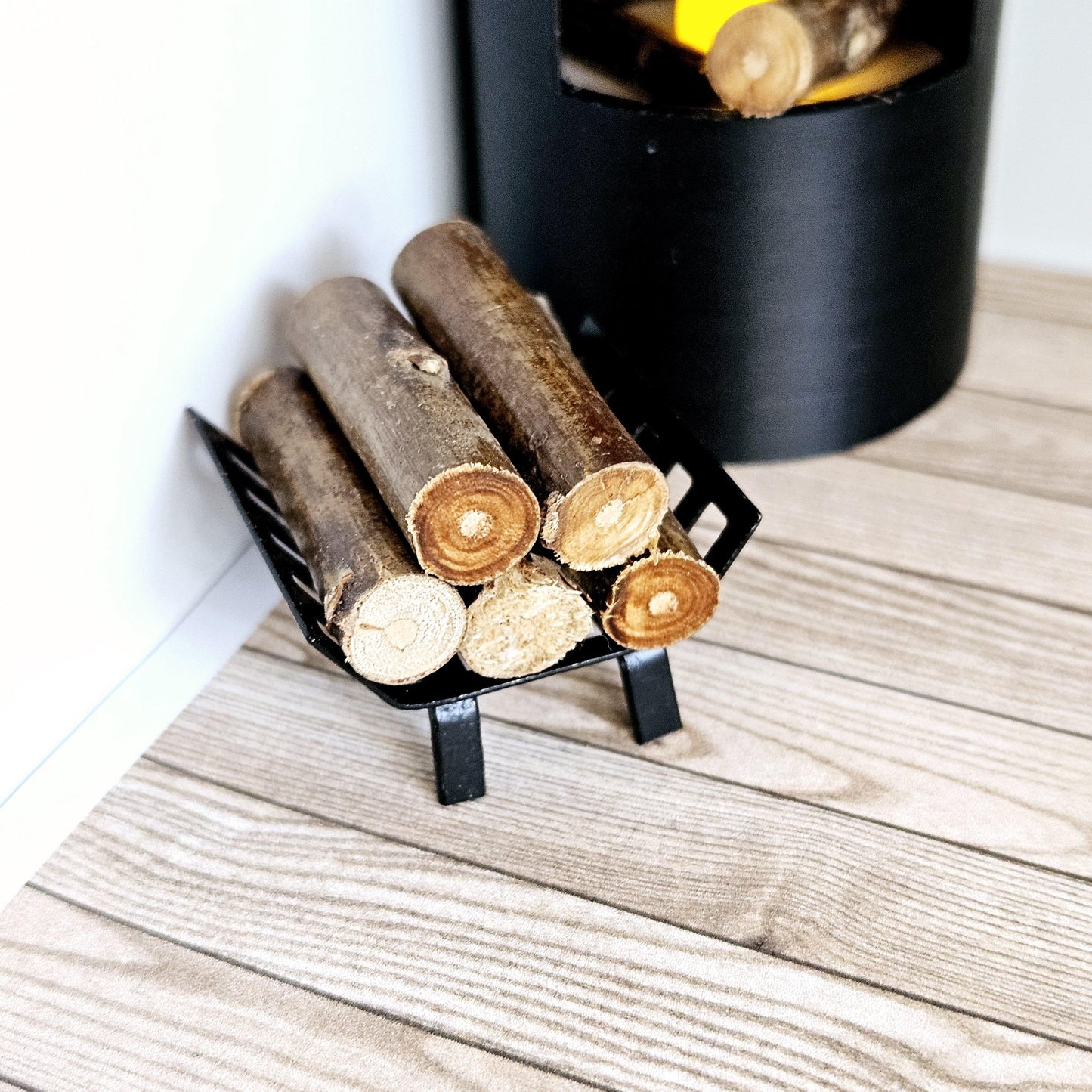 Dolls House Black Log Holder With Wood, 12th Scale, Miniature logs