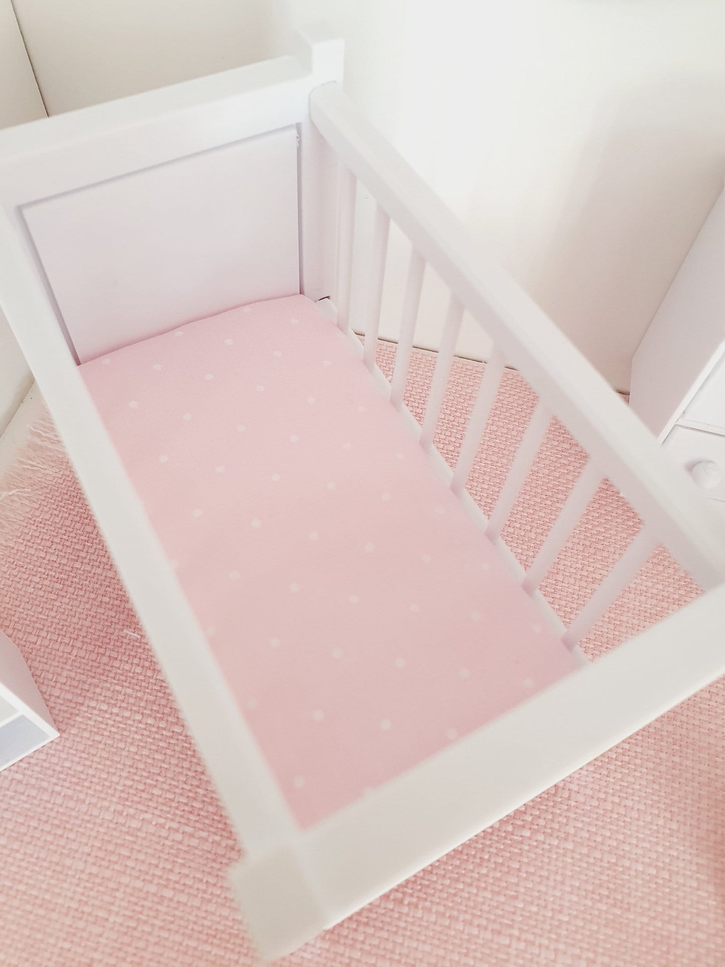 Dolls House Modern Coloured Cot with polka dot mattress, 1:12th Scale, Miniature Crib/ Cot