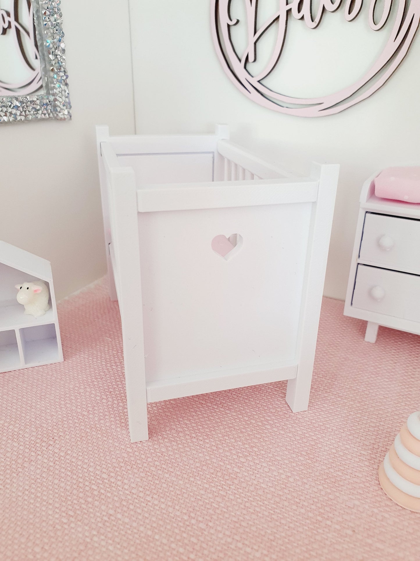 Dolls House Modern Coloured Cot with polka dot mattress, 1:12th Scale, Miniature Crib/ Cot