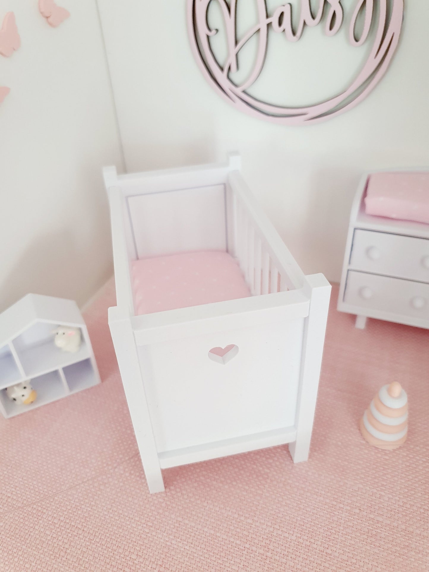 Dolls House Modern Coloured Cot with polka dot mattress, 1:12th Scale, Miniature Crib/ Cot