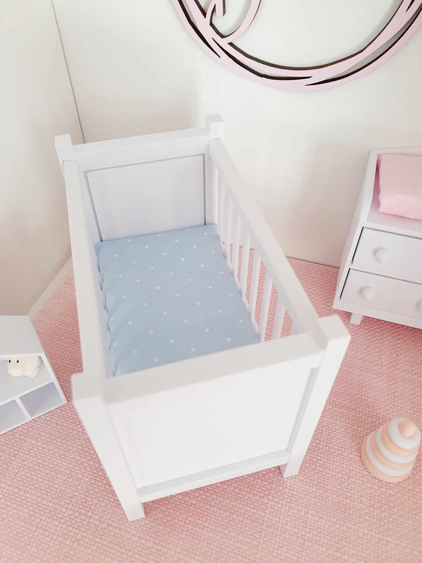 Dolls House Modern Coloured Cot with polka dot mattress, 1:12th Scale, Miniature Crib/ Cot