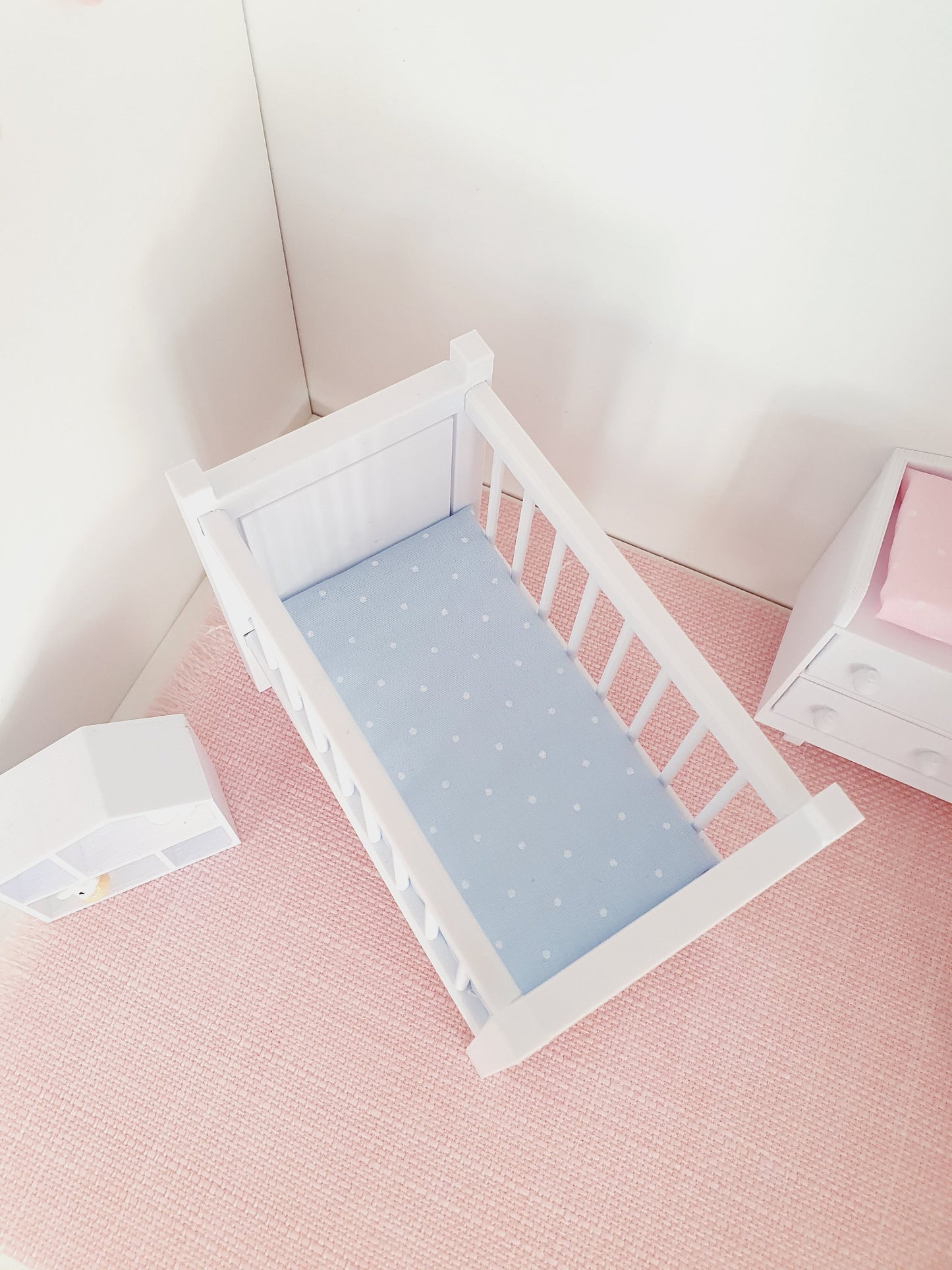 Dolls House Modern Coloured Cot with polka dot mattress, 1:12th Scale, Miniature Crib/ Cot