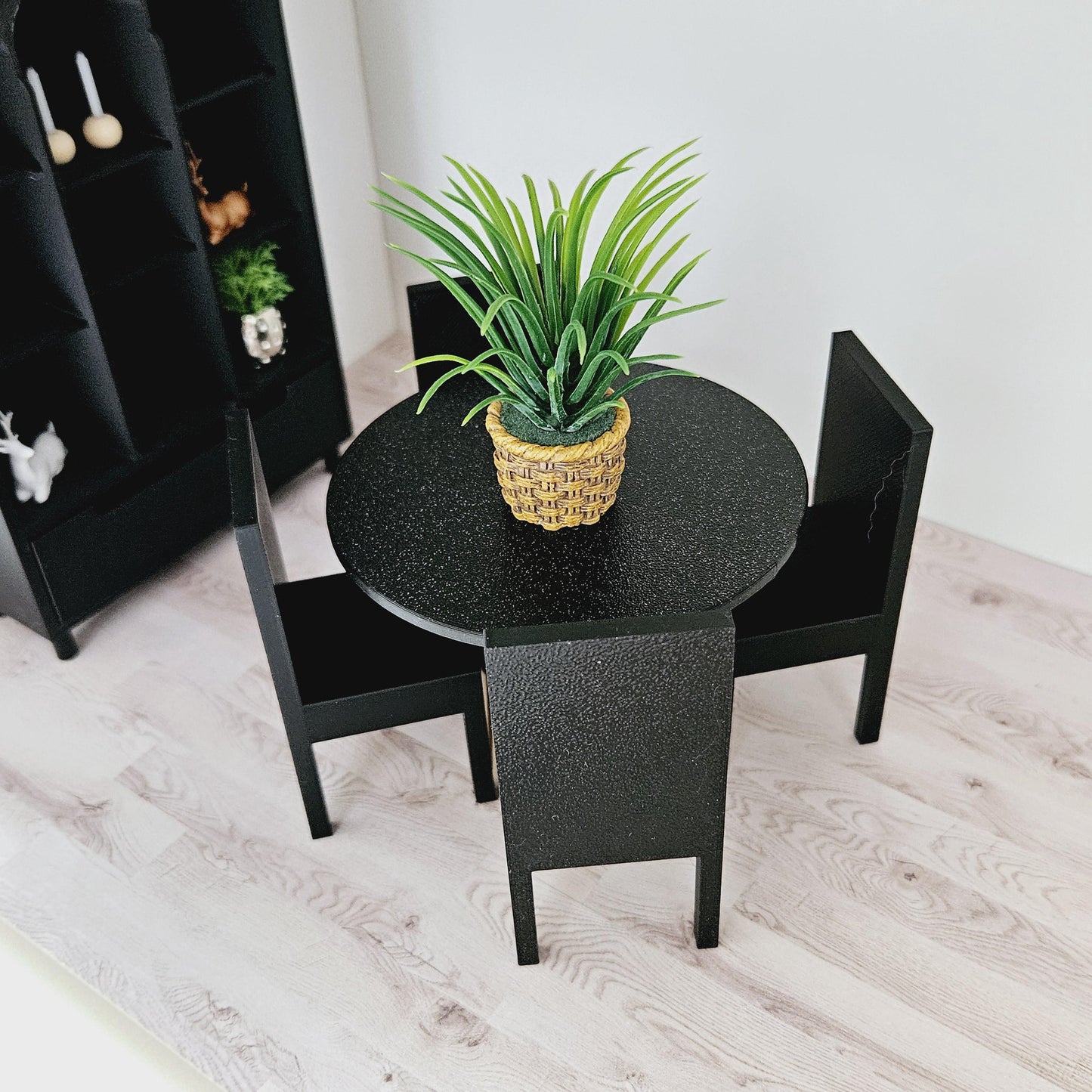Dolls House Dining Set | Wood & Granite Effect Table with Black Chairs | 1:12 Scale