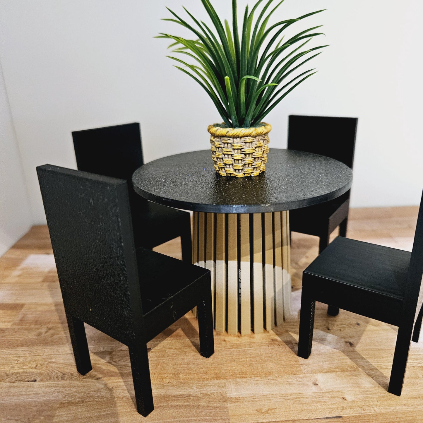 Dolls House Dining Set | Wood & Granite Effect Table with Black Chairs | 1:12 Scale