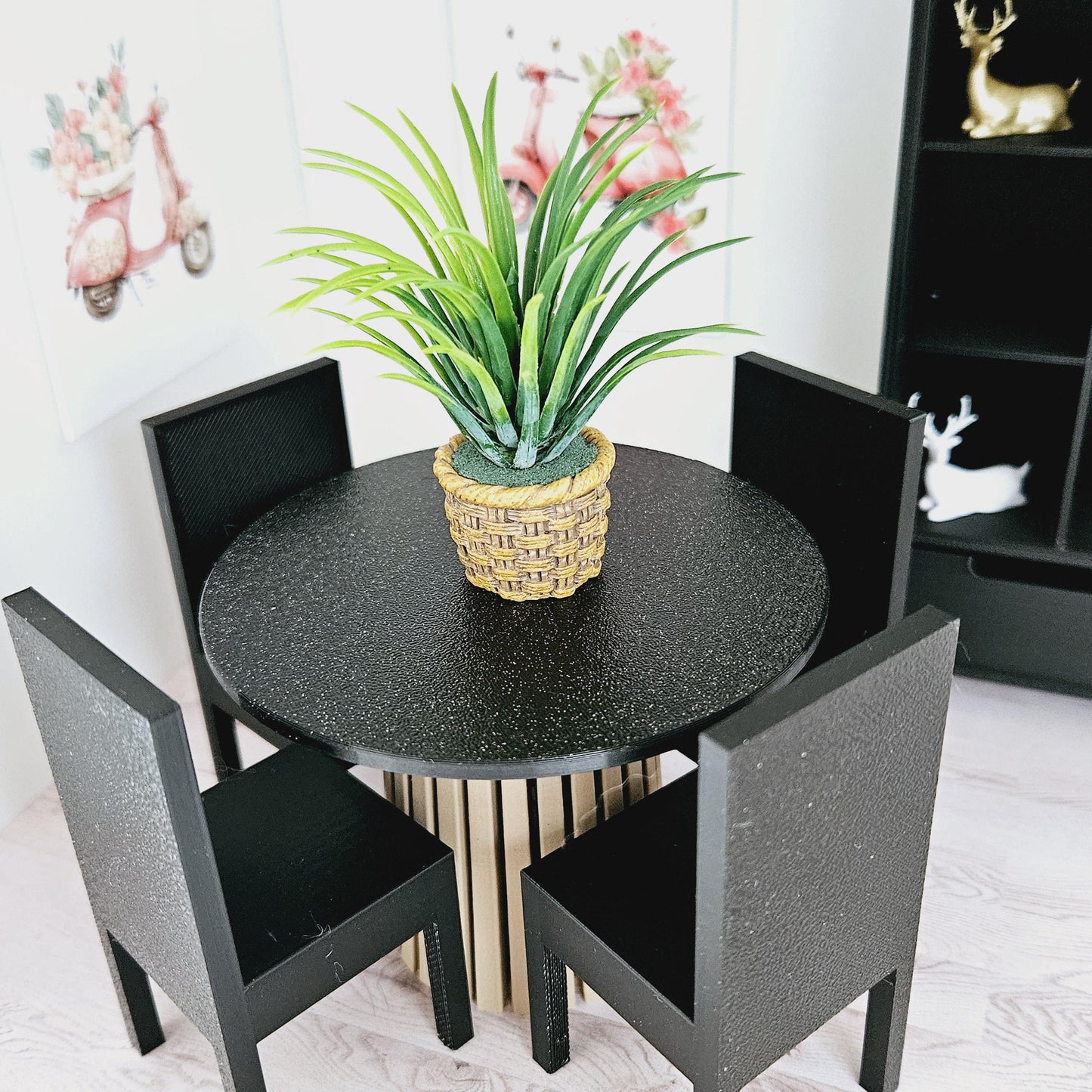 Dolls House Dining Set | Wood & Granite Effect Table with Black Chairs | 1:12 Scale