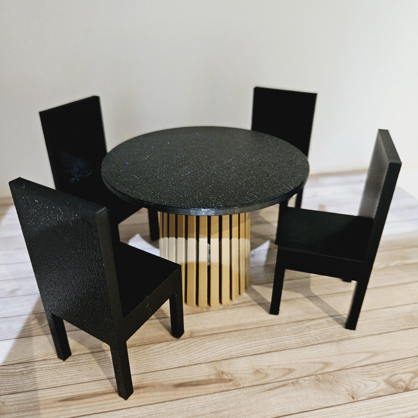 Dolls House Dining Set | Wood & Granite Effect Table with Black Chairs | 1:12 Scale