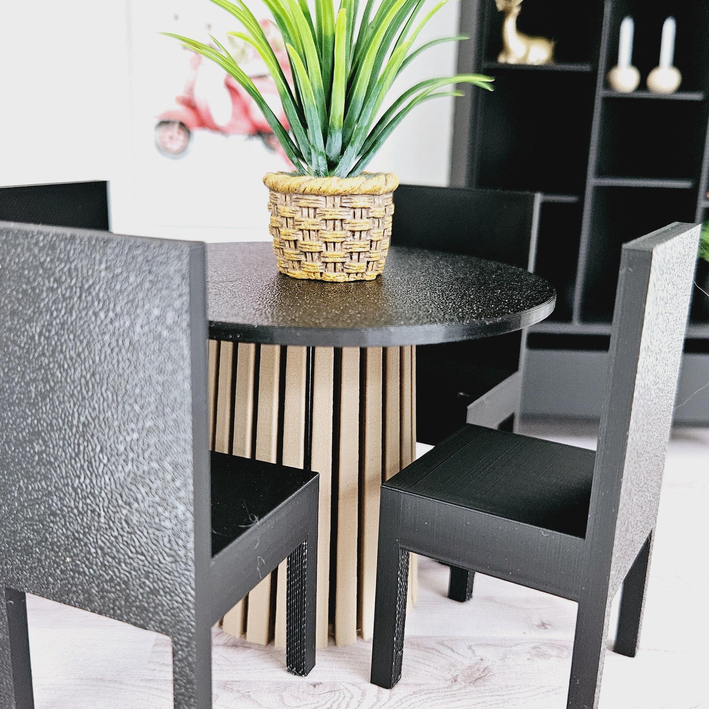 Dolls House Dining Set | Wood & Granite Effect Table with Black Chairs | 1:12 Scale