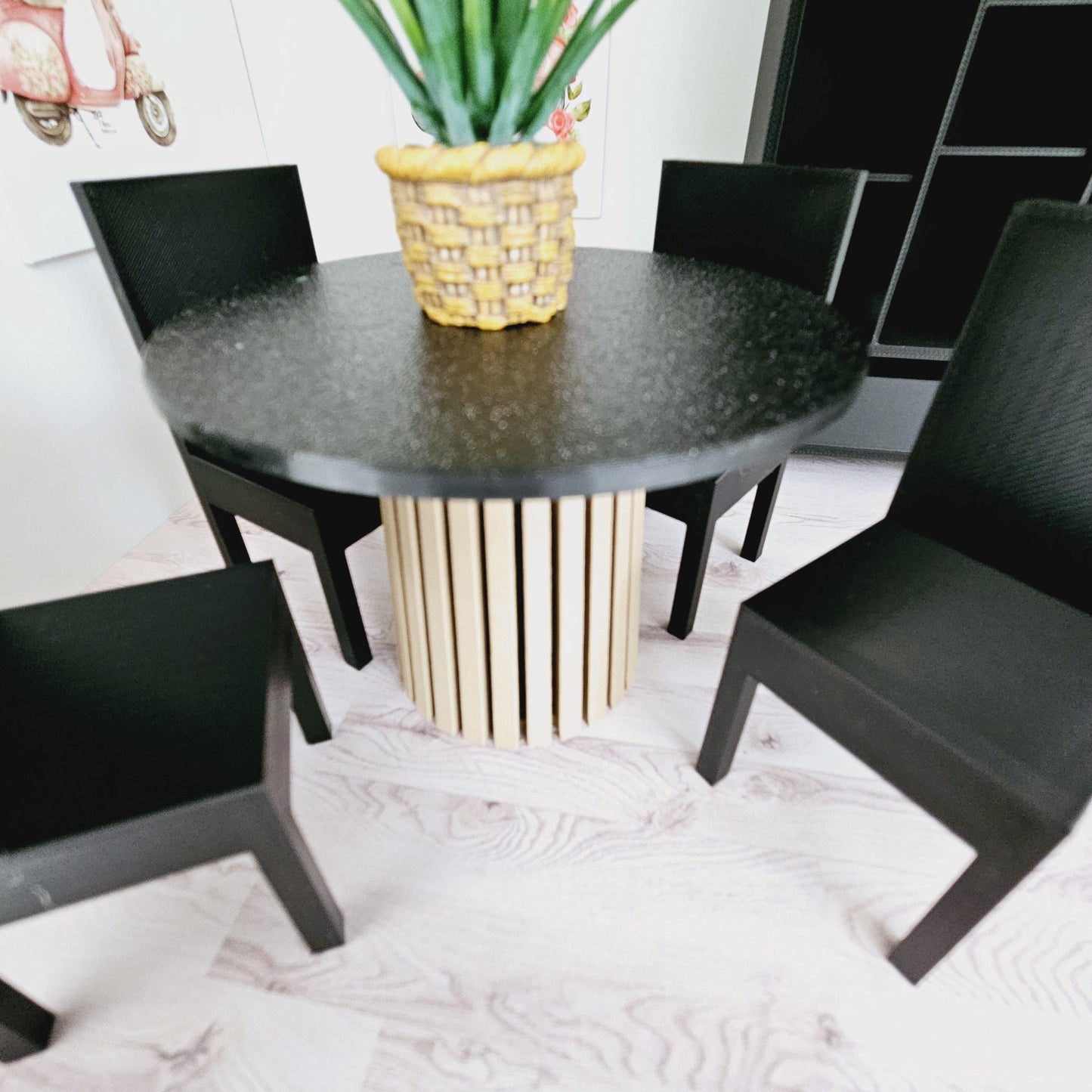 Dolls House Dining Set | Wood & Granite Effect Table with Black Chairs | 1:12 Scale
