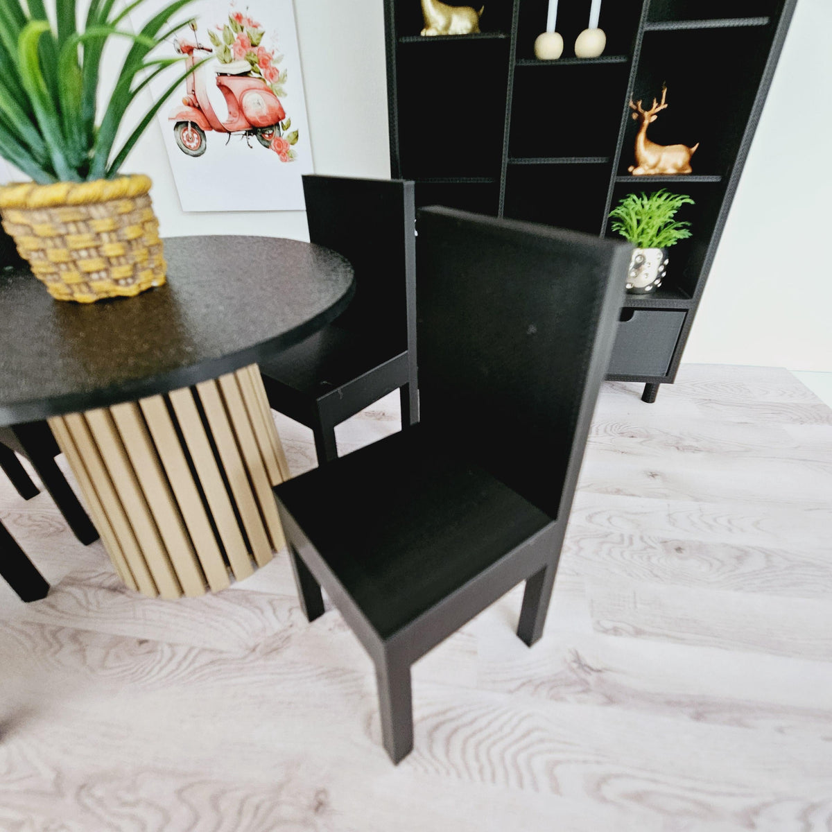 Dolls House Dining Set | Wood & Granite Effect Table with Black Chairs | 1:12 Scale