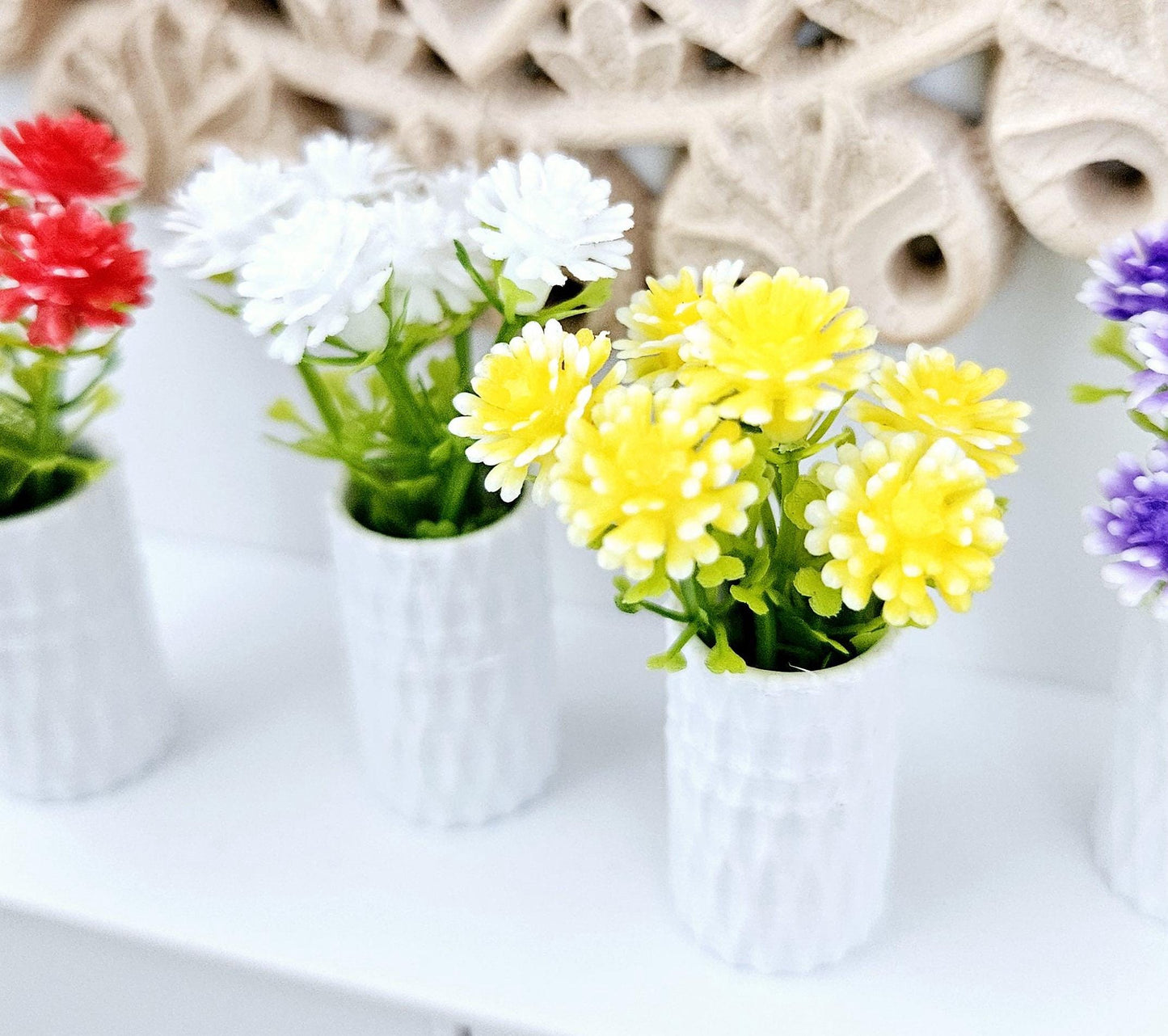 Dolls house coloured flowers in a coloured vase, miniature flowers, 12th scale