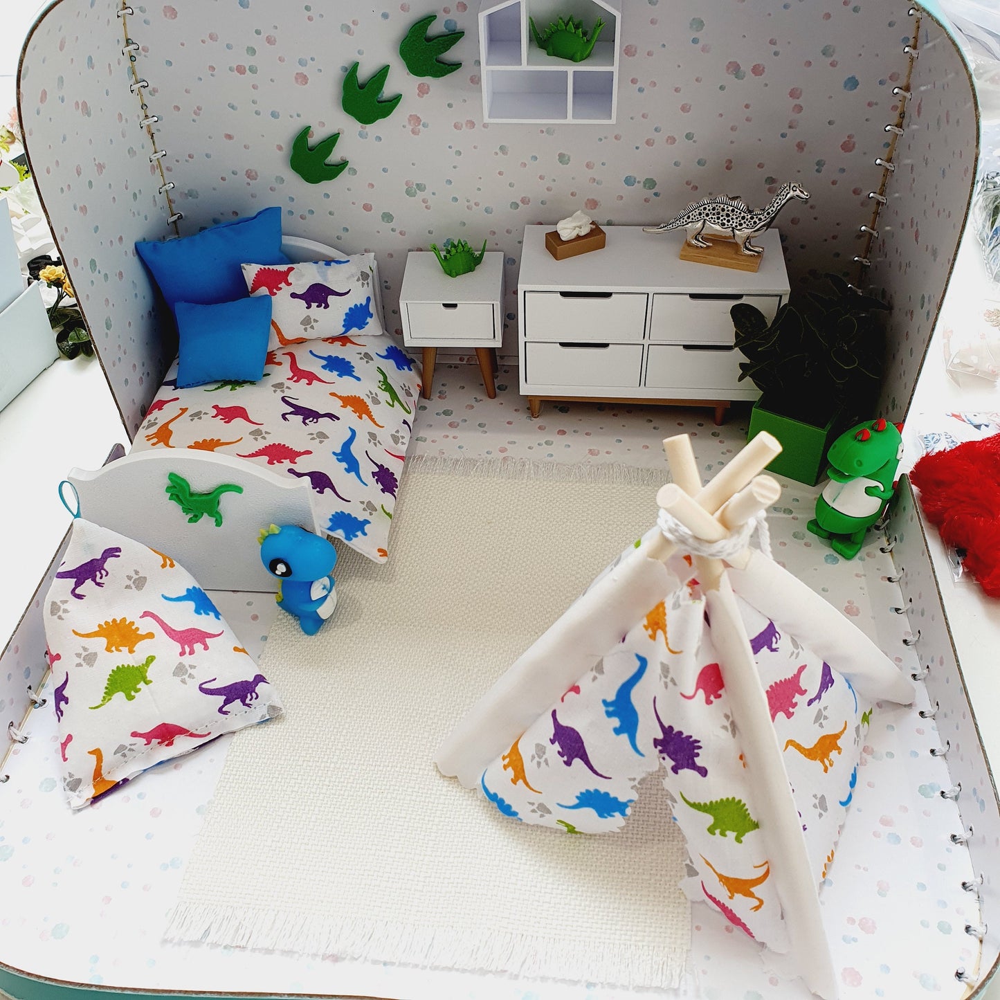 Dolls House in a Cute Little Dinosaur Travel Suitcase, 12th Scale, Miniature case, Dinosaurs, suitcase