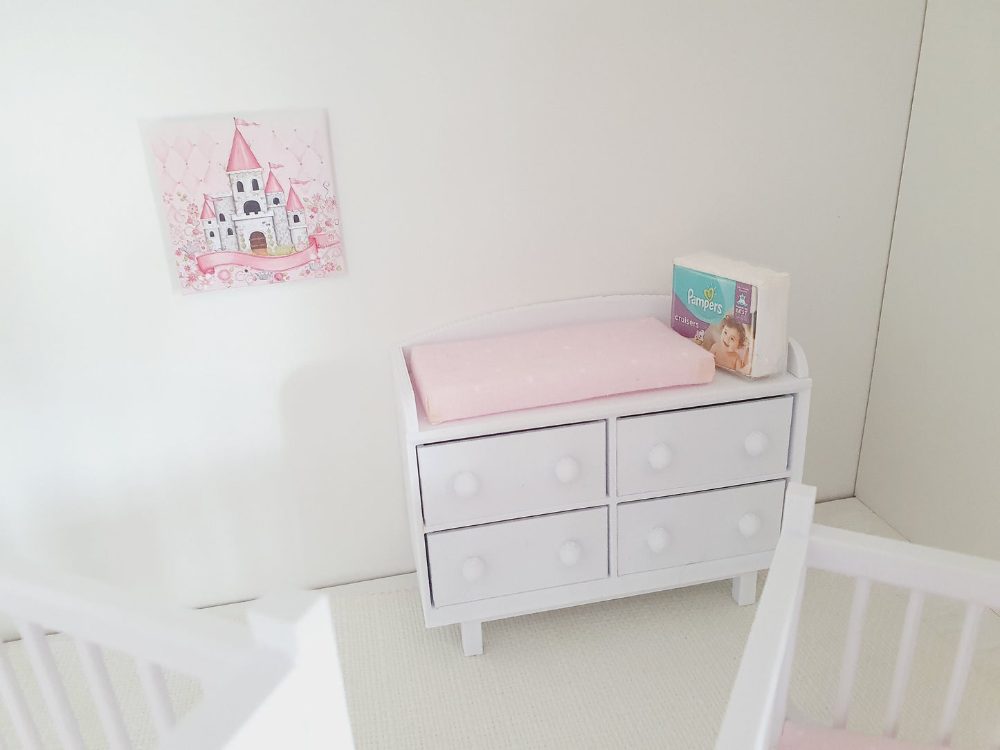 Dolls House Modern Nursery Set | Cot, Playpen, Changing Table & Rocking Chair | 1:12 Scale Miniature Furniture