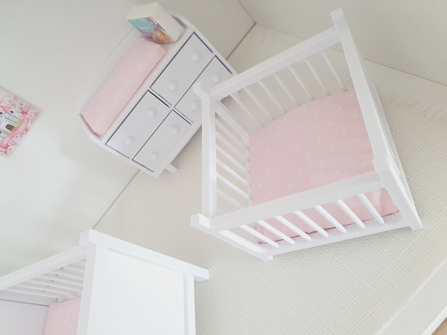 Dolls House Modern Nursery Set | Cot, Playpen, Changing Table & Rocking Chair | 1:12 Scale Miniature Furniture