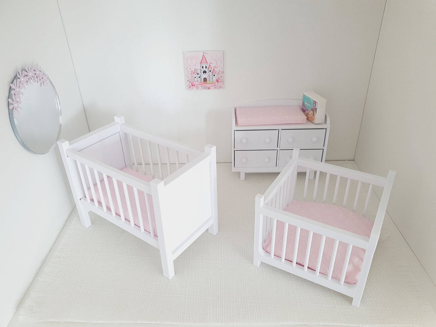 Dolls House Modern Nursery Set | Cot, Playpen, Changing Table & Rocking Chair | 1:12 Scale Miniature Furniture