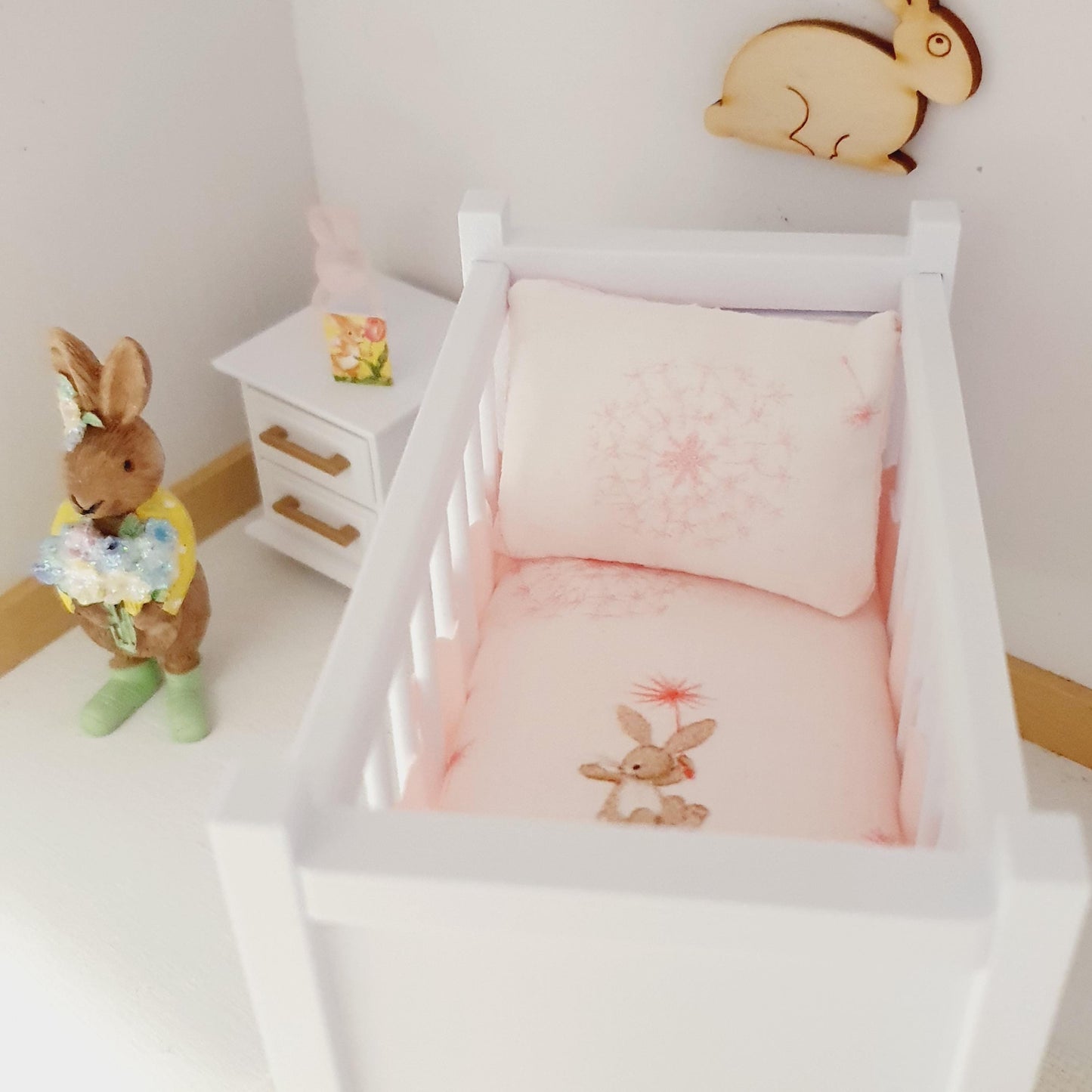 Dolls House Cute Rabbit Cot Bedding, 12th scale miniature bedding
