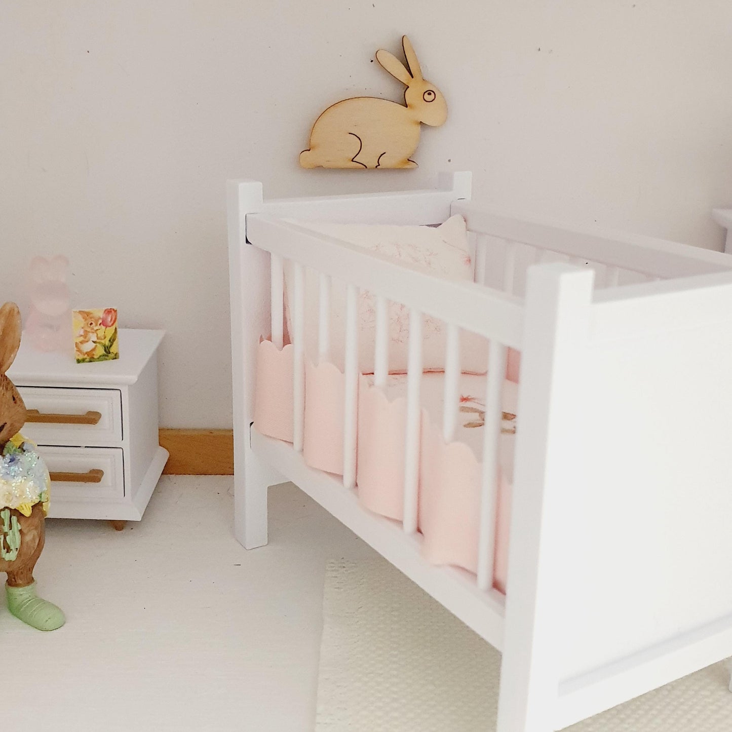 Dolls House Cute Rabbit Cot Bedding, 12th scale miniature bedding