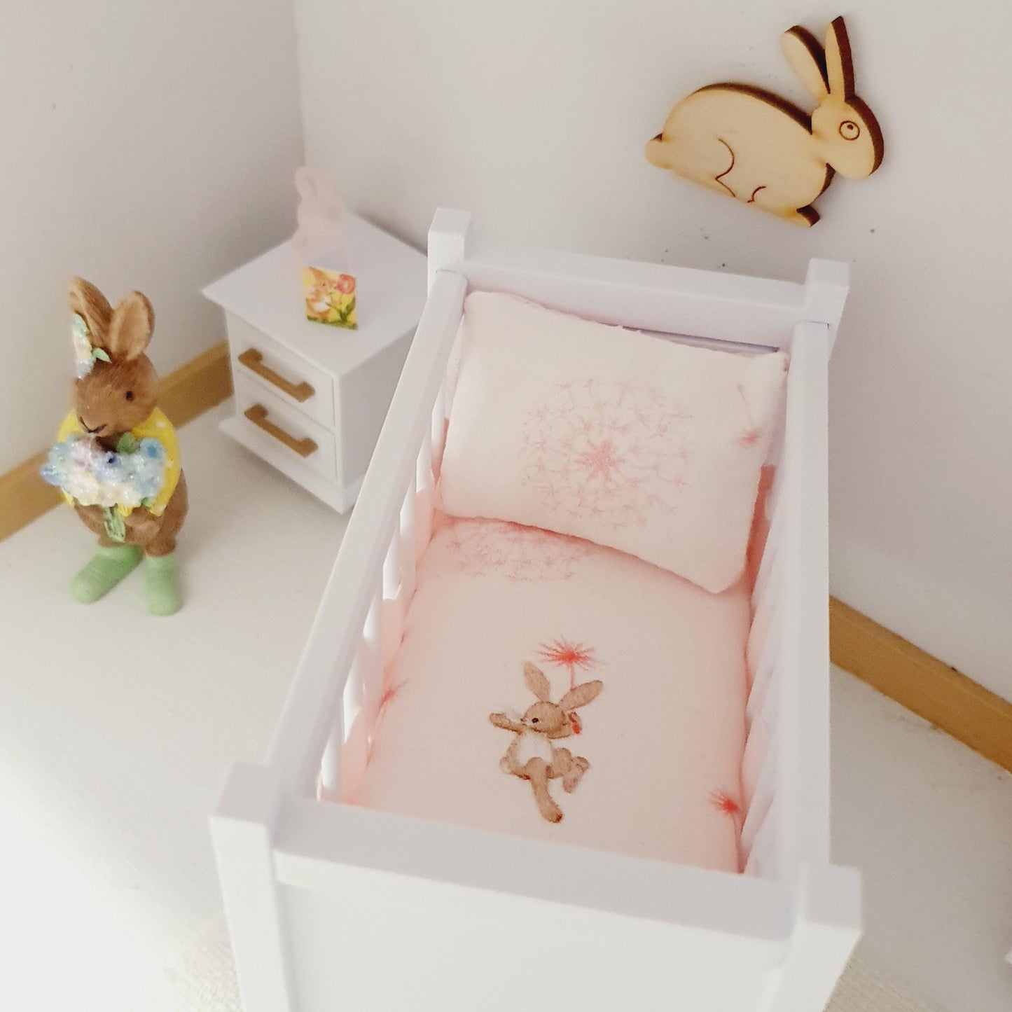 Dolls House Cute Rabbit Cot Bedding, 12th scale miniature bedding