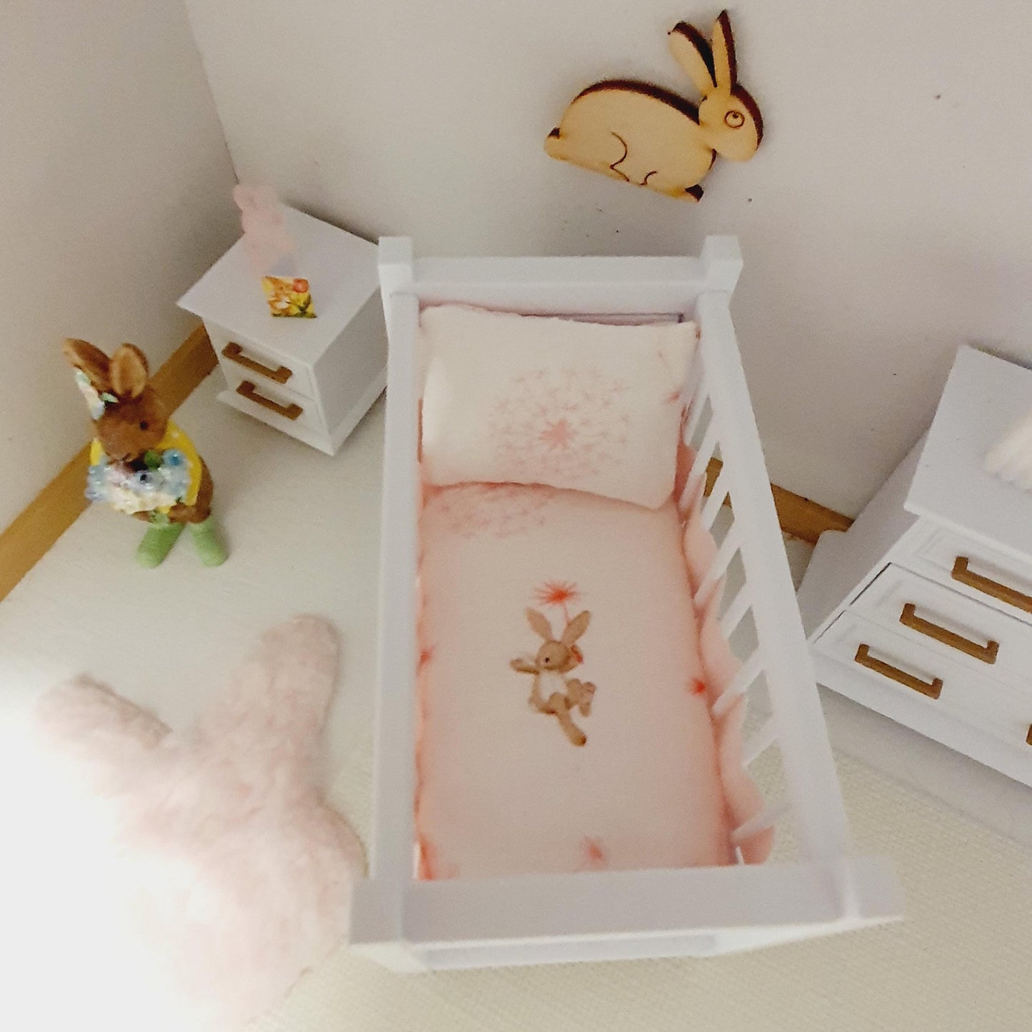 Dolls House Cute Rabbit Cot Bedding, 12th scale miniature bedding