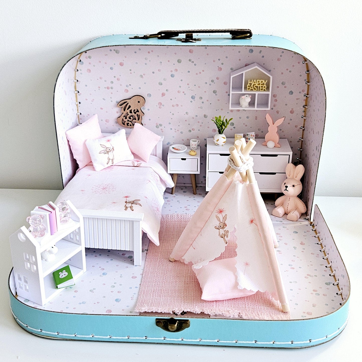 Dolls House Easter Bunny Travel Suitcase, Cute Rabbit & Dandelion Bedroom Design, 12th Scale, Miniature case