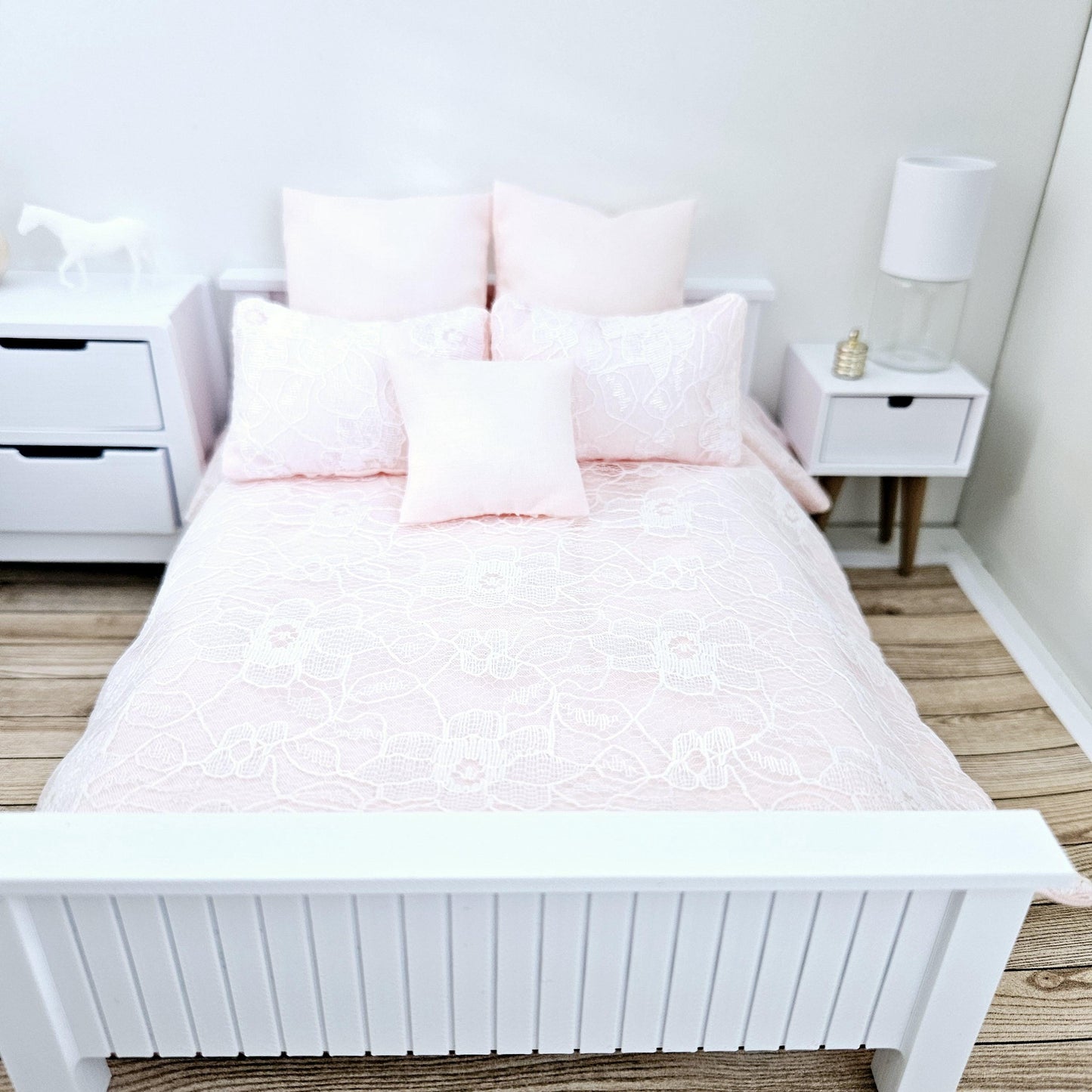 Dolls house 6 piece set, Pretty Pale Pink lace double bedding set, 12th scale, miniature bedding