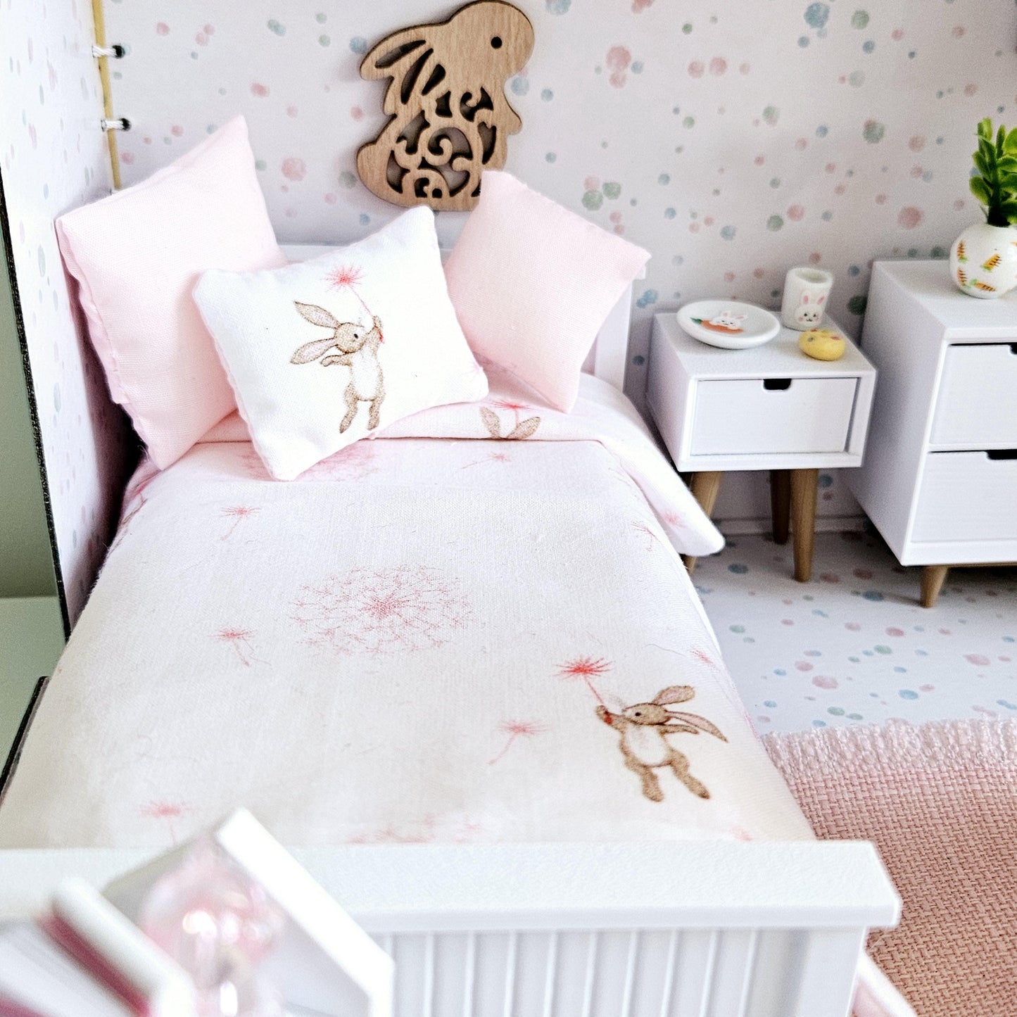 Dolls House Easter Bunny Travel Suitcase, Cute Rabbit & Dandelion Bedroom Design, 12th Scale, Miniature case