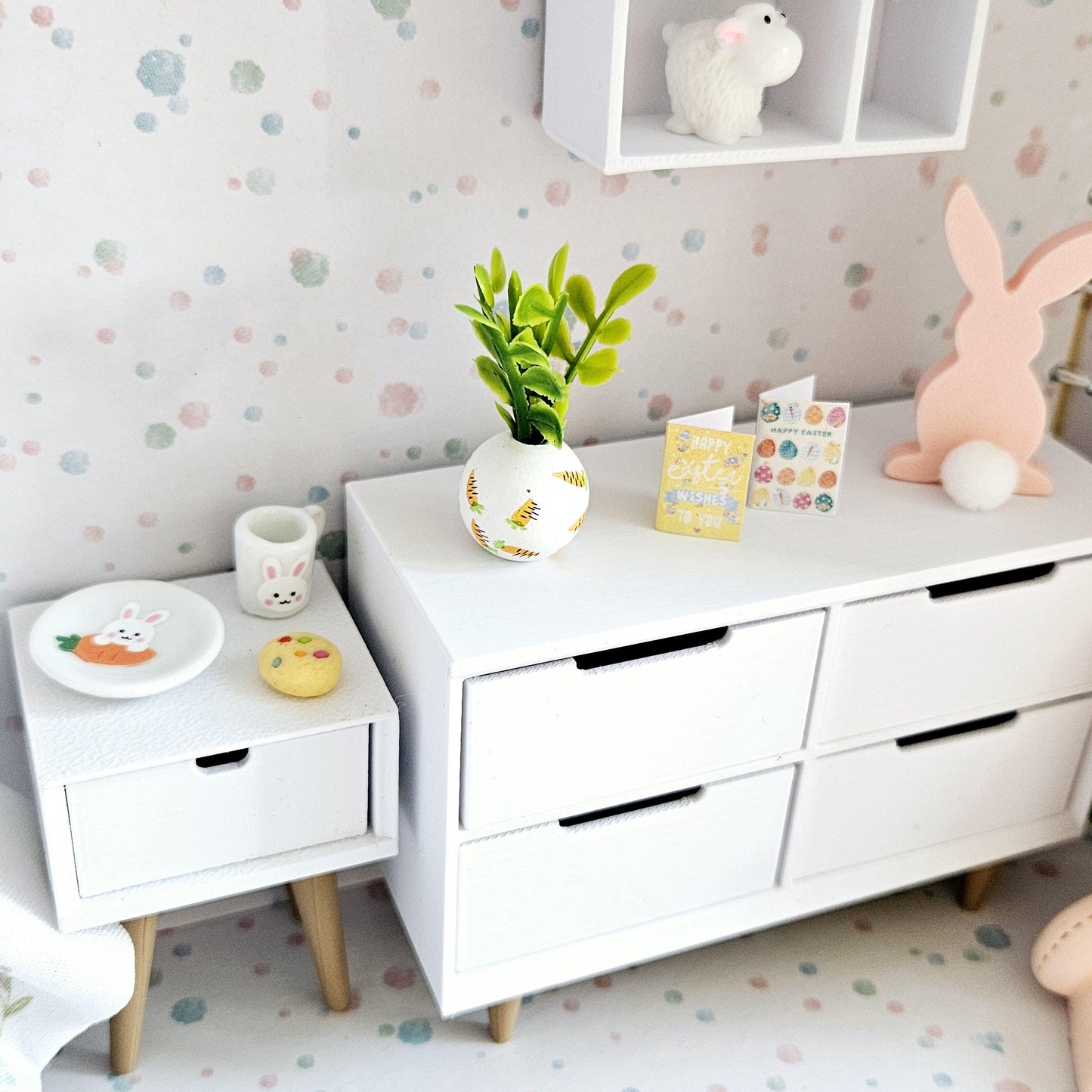 Dolls House Easter Bunny Travel Suitcase, Cute Rabbit & Dandelion Bedroom Design, 12th Scale, Miniature case