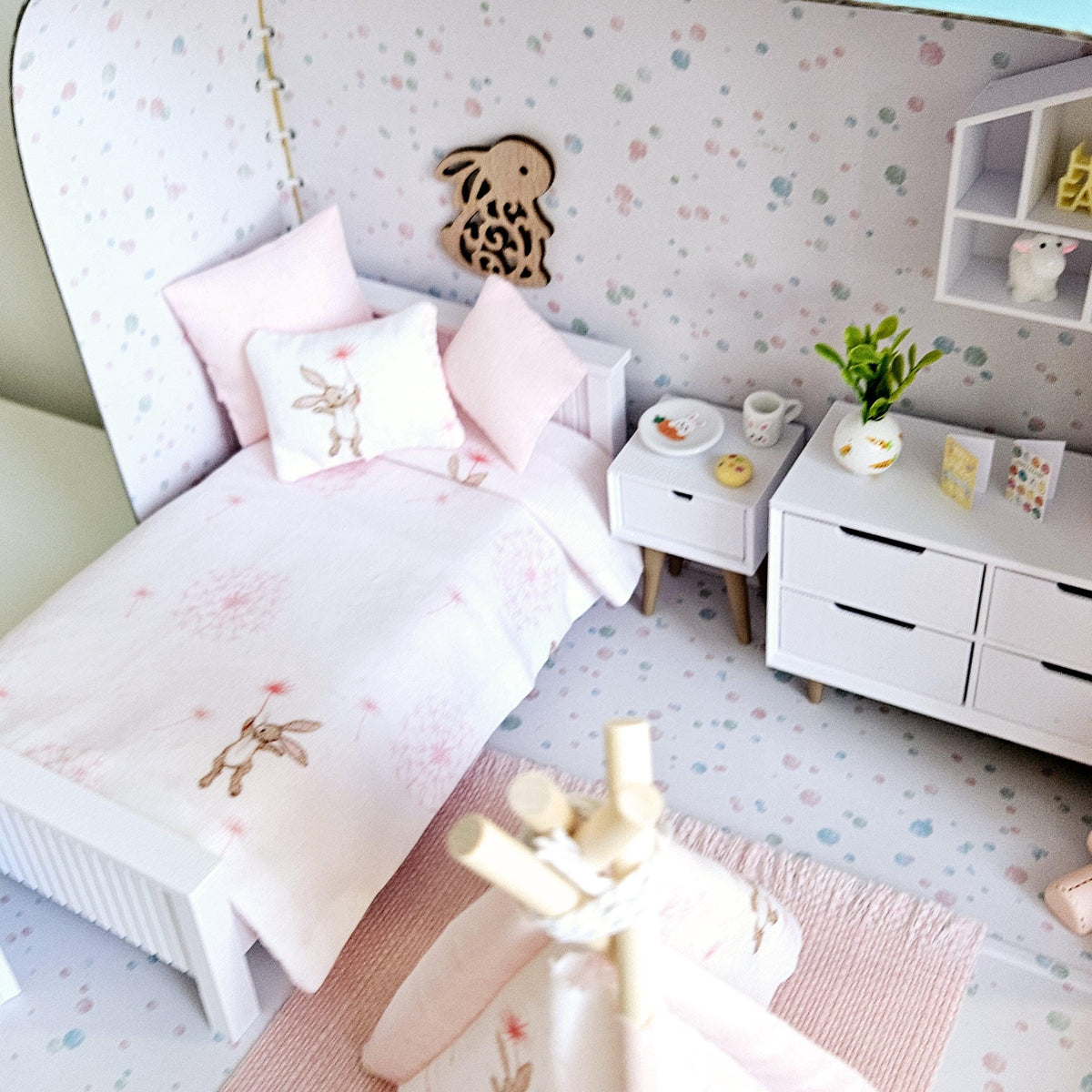 Dolls House Easter Bunny Travel Suitcase, Cute Rabbit & Dandelion Bedroom Design, 12th Scale, Miniature case