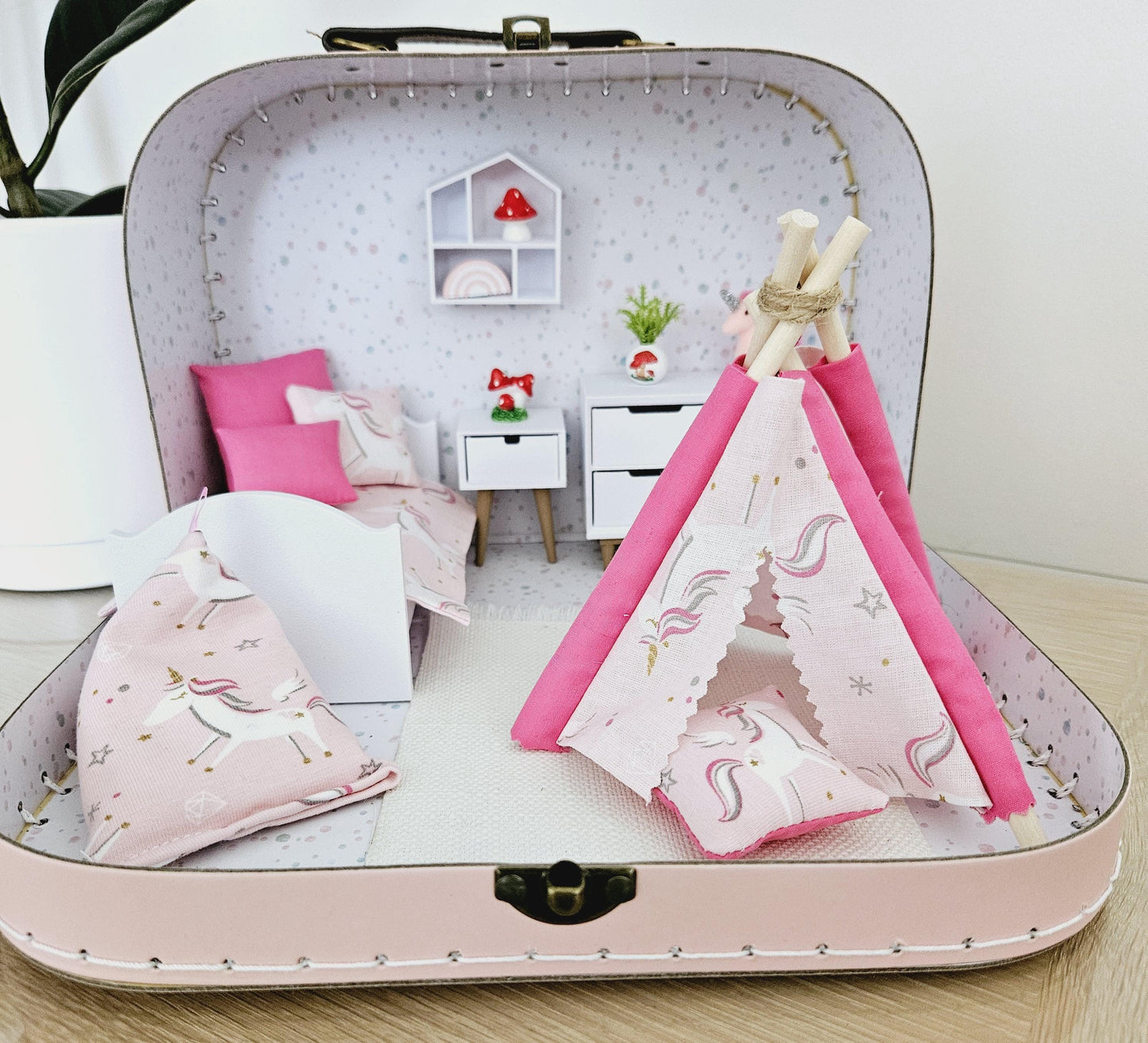 Dolls House in a Travel Suitcase, Pretty pink & White Unicorn design design, 12th Scale, Miniature case