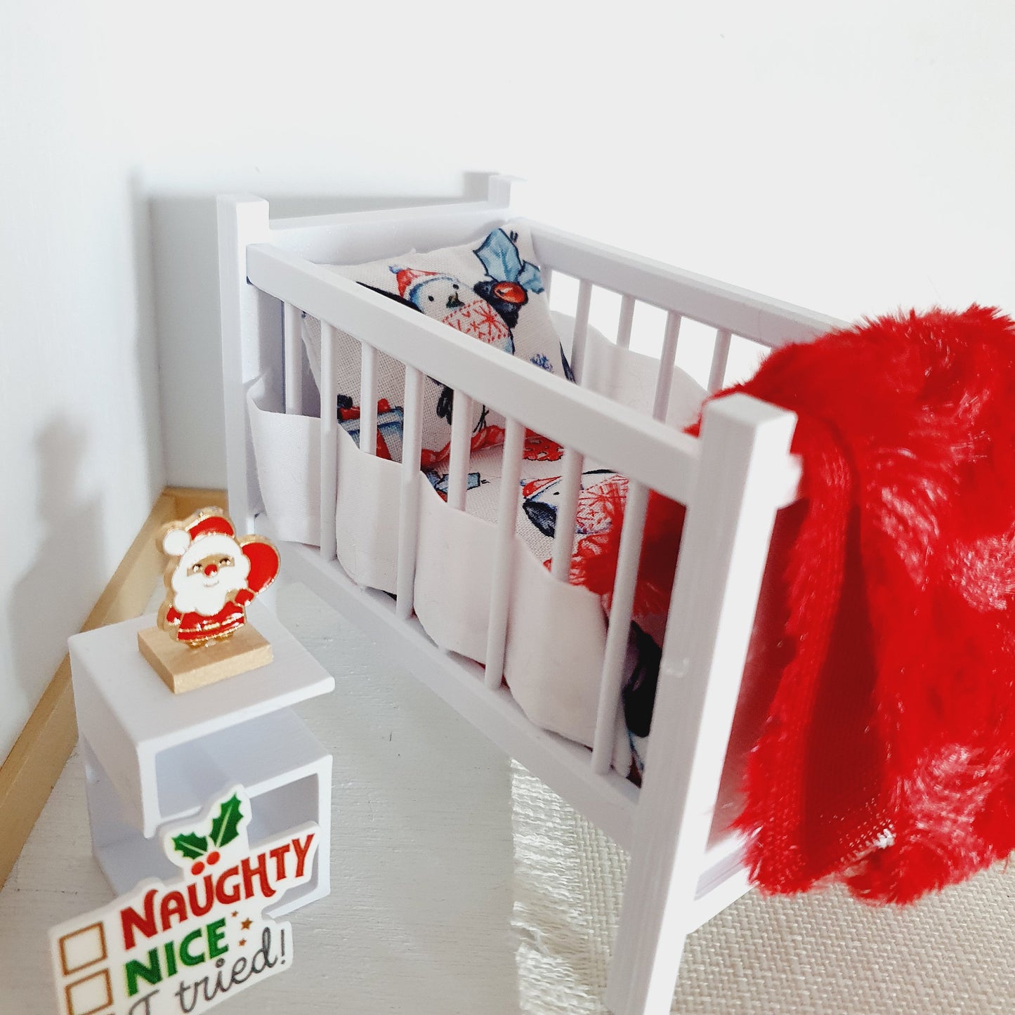 Dolls House Christmas Cot Bedding Set – Cute Penguins Design, Handmade in England, 1:12 Scale