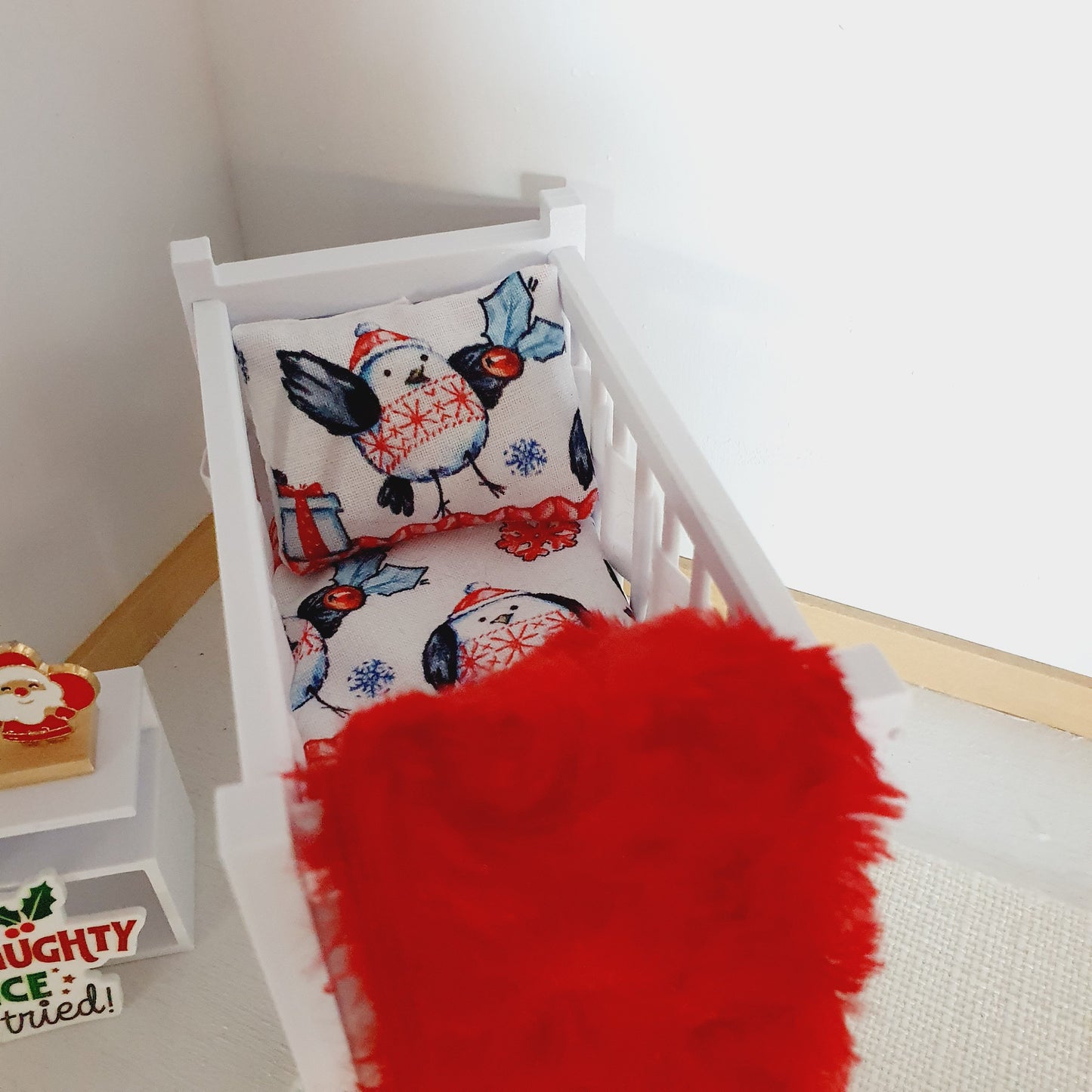 Dolls House Christmas Cot Bedding Set – Cute Penguins Design, Handmade in England, 1:12 Scale