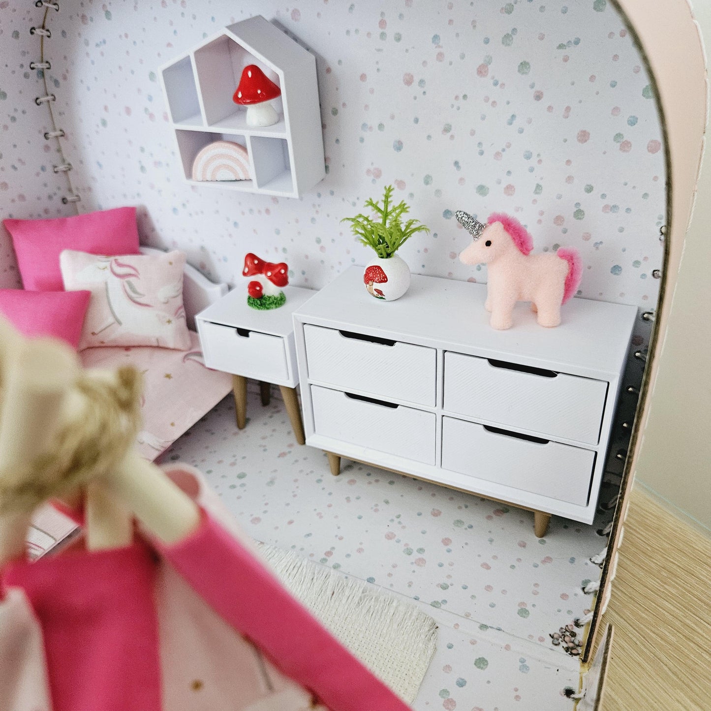 Dolls House in a Travel Suitcase, Pretty pink & White Unicorn design design, 12th Scale, Miniature case