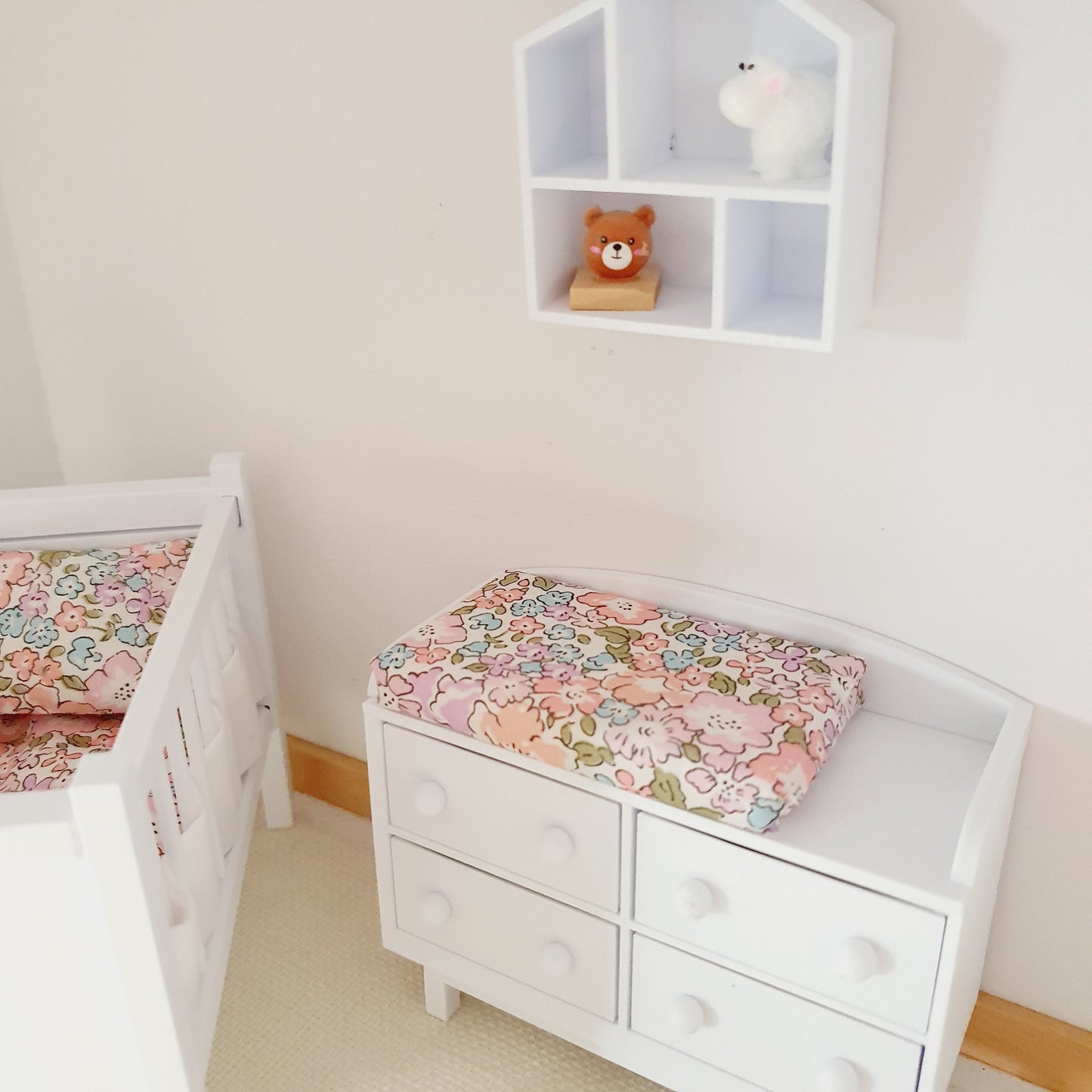 Dolls House White Modern Baby Changing Table with Liberty Michelle changing pad, 1:12th Scale, Miniature