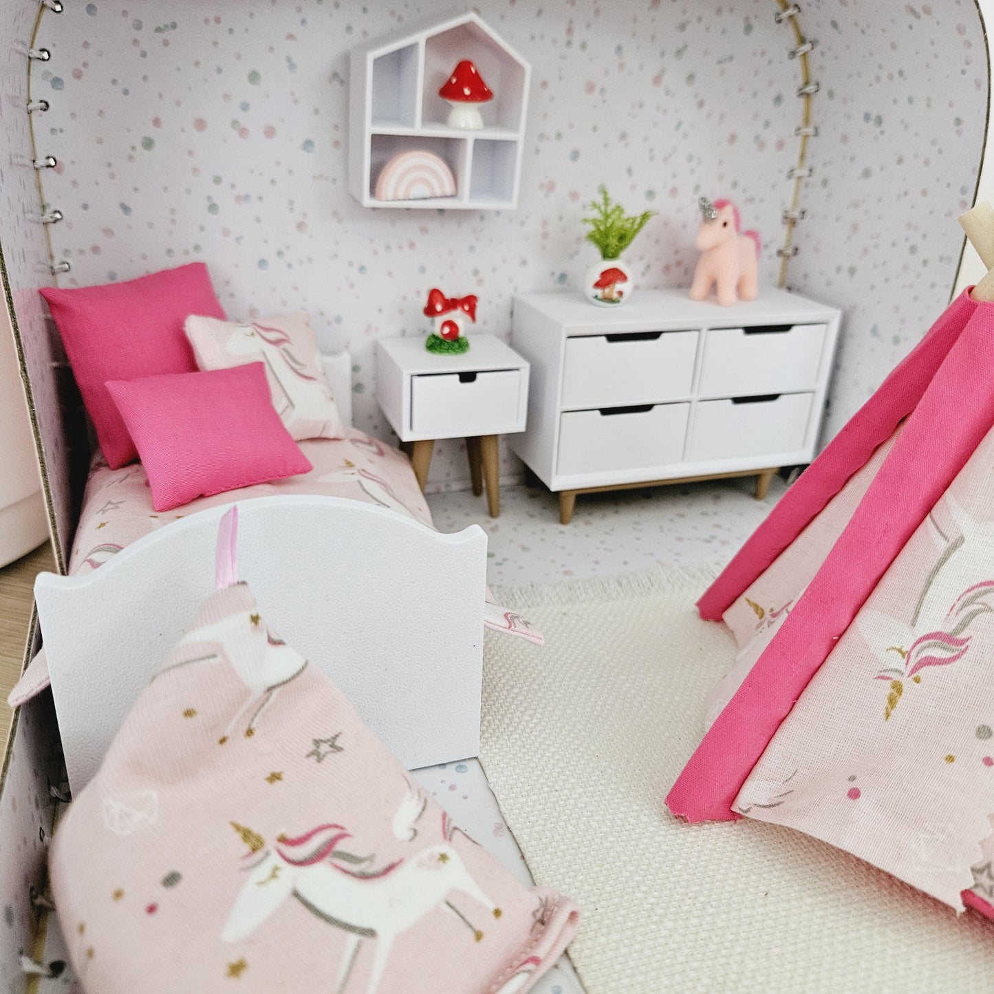 Dolls House in a Travel Suitcase, Pretty pink & White Unicorn design design, 12th Scale, Miniature case