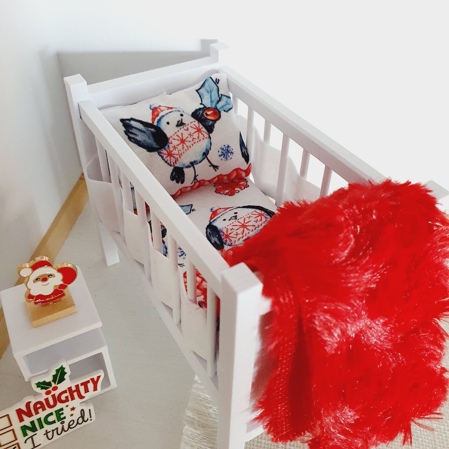 Dolls House Christmas Cot Bedding Set – Cute Penguins Design, Handmade in England, 1:12 Scale