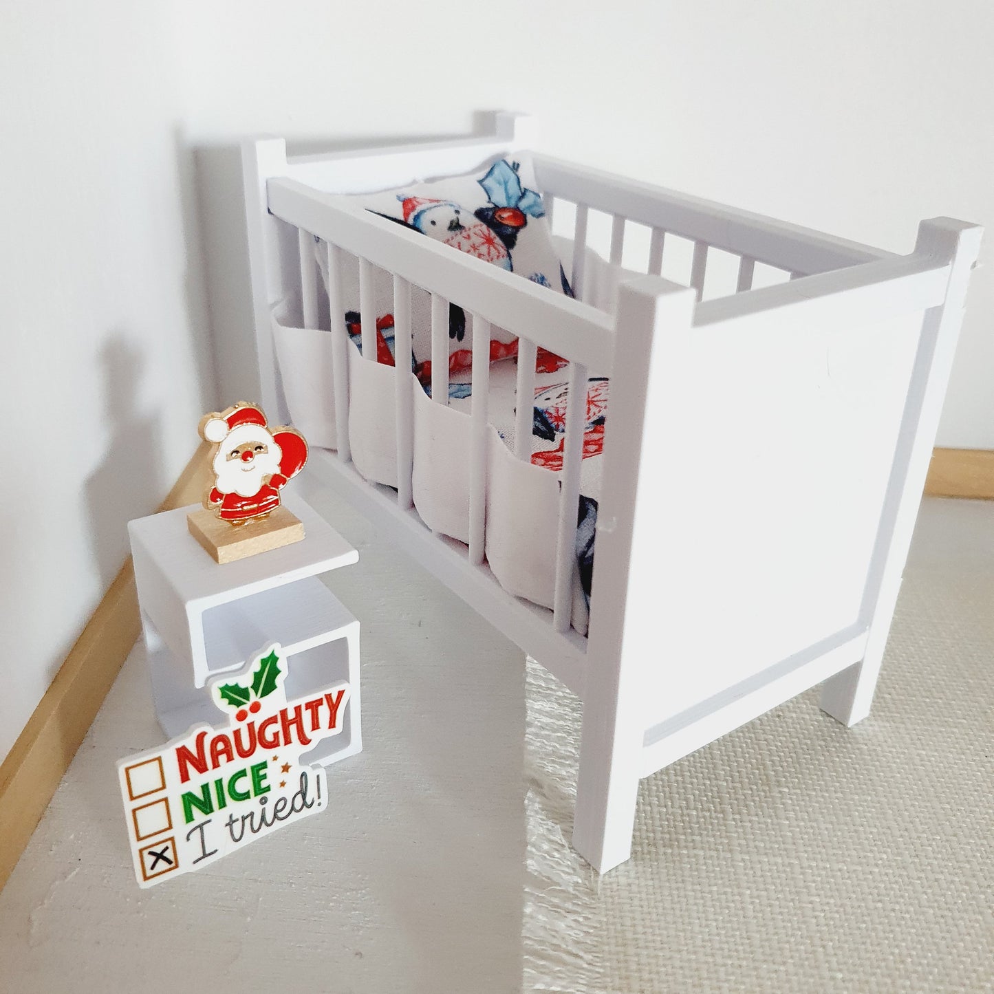 Dolls House Christmas Cot Bedding Set – Cute Penguins Design, Handmade in England, 1:12 Scale