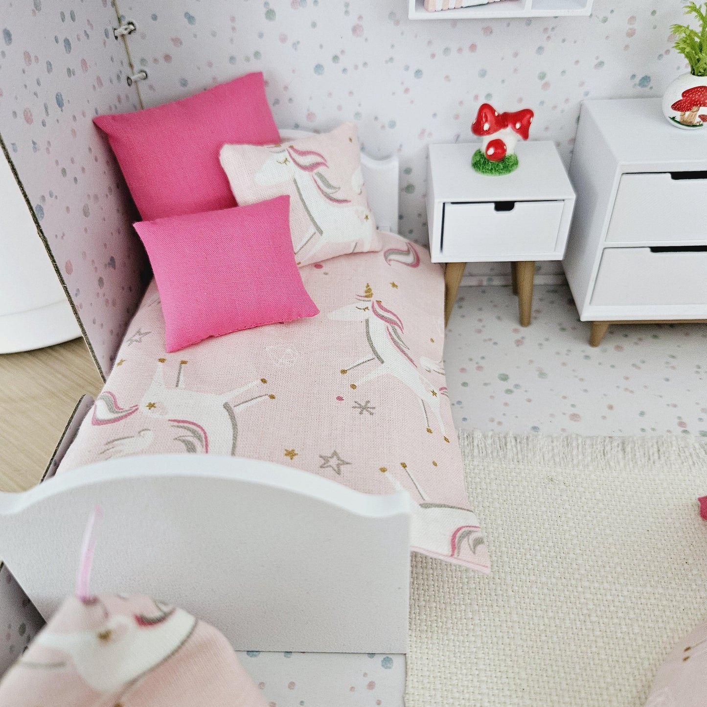Dolls House in a Travel Suitcase, Pretty pink & White Unicorn design design, 12th Scale, Miniature case
