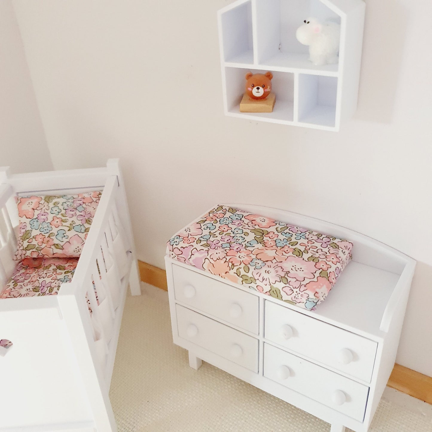 Dolls House White Modern Baby Changing Table with Liberty Michelle changing pad, 1:12th Scale, Miniature