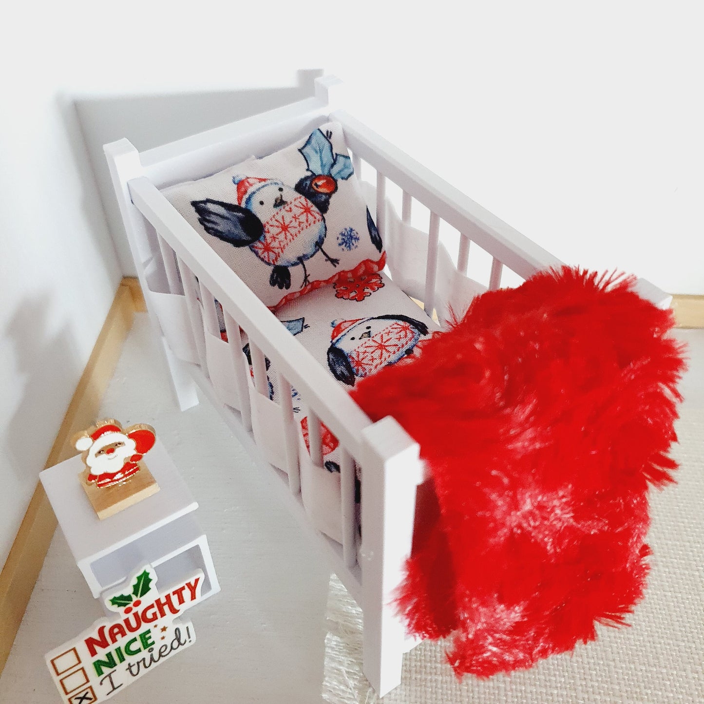 Dolls House Christmas Cot Bedding Set – Cute Penguins Design, Handmade in England, 1:12 Scale