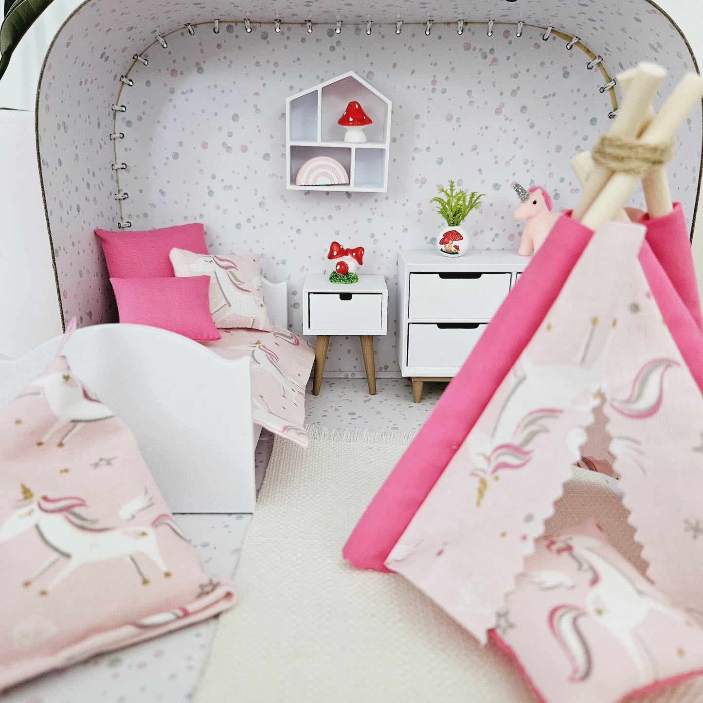 Dolls House in a Travel Suitcase, Pretty pink & White Unicorn design design, 12th Scale, Miniature case