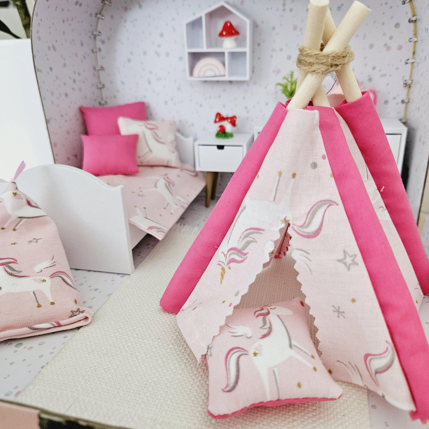 Dolls House in a Travel Suitcase, Pretty pink & White Unicorn design design, 12th Scale, Miniature case