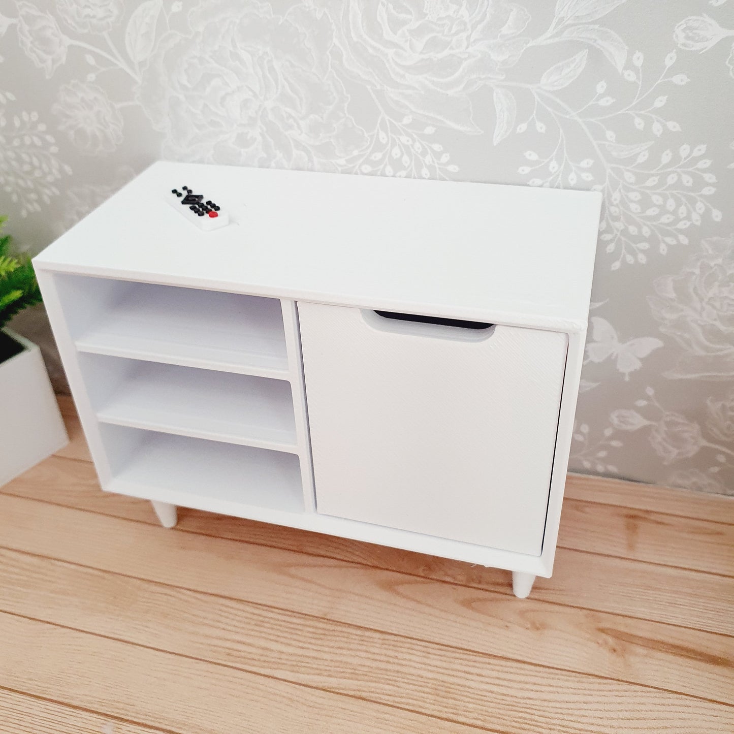 Dolls House Modern Small Sideboard with 3 open shelves & 1 cupboard, Choice of Colours 1:12th Scale, Miniature