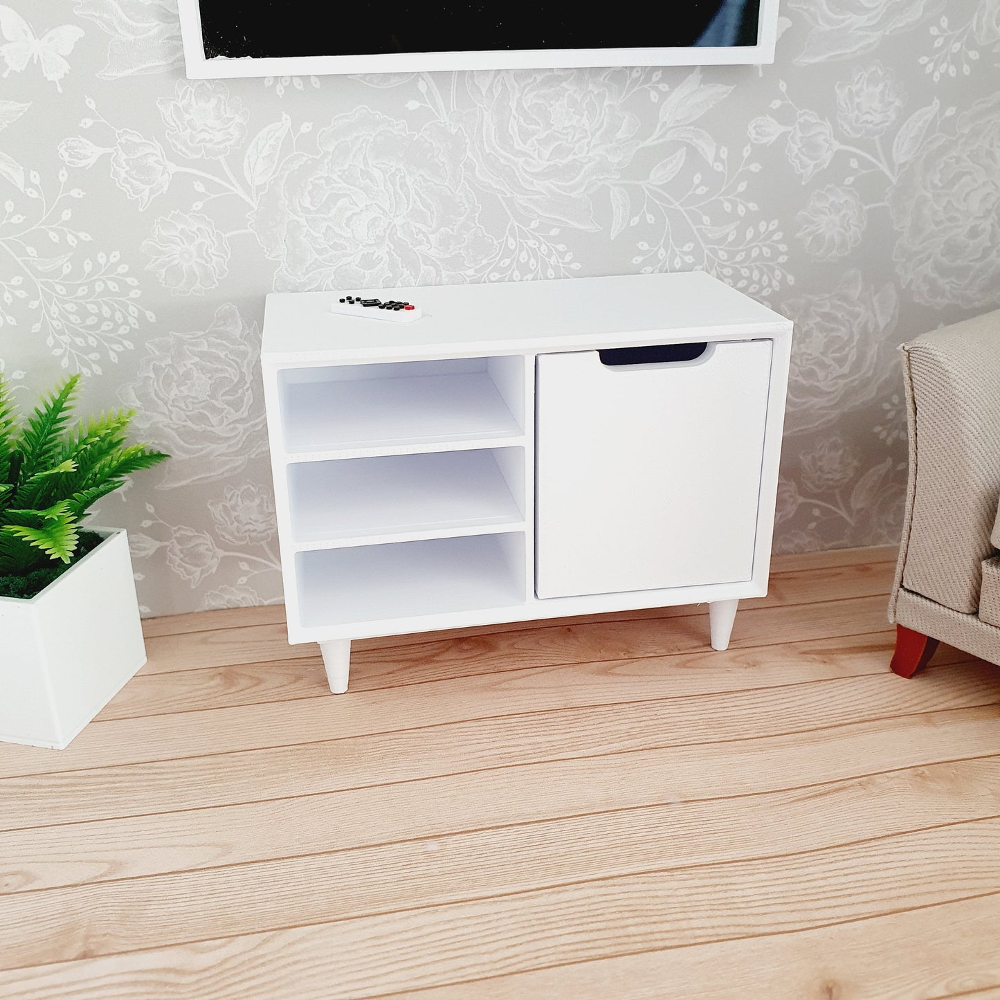 Dolls House Modern Small Sideboard with 3 open shelves & 1 cupboard, Choice of Colours 1:12th Scale, Miniature
