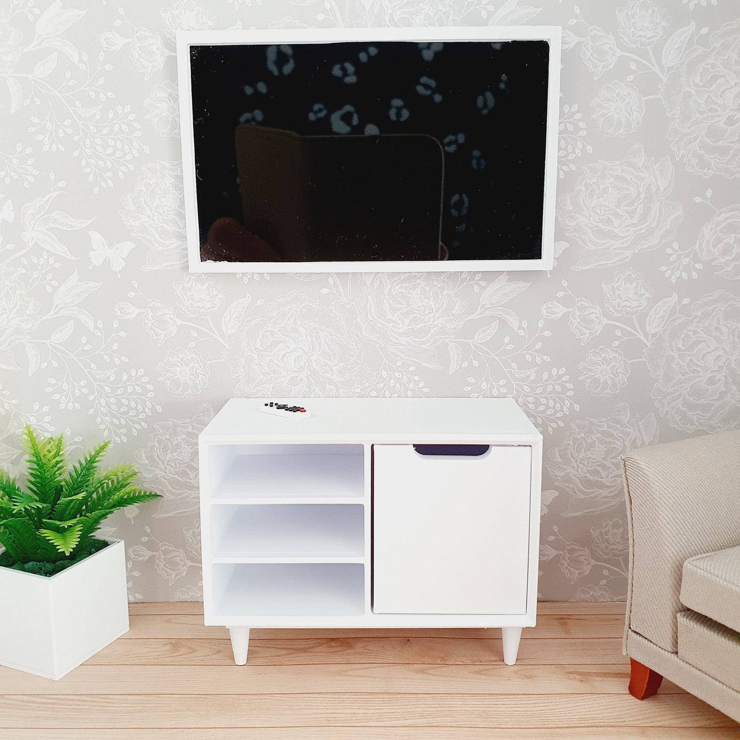 Dolls House Modern Small Sideboard with 3 open shelves & 1 cupboard, Choice of Colours 1:12th Scale, Miniature