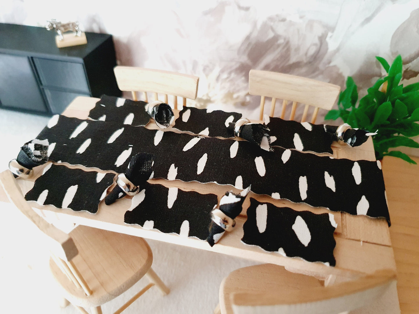 Dolls House Black Table Place Setting Set, Table Runner, Place Mats & Napkins, Set of 6, Miniature Table Place, 1:12