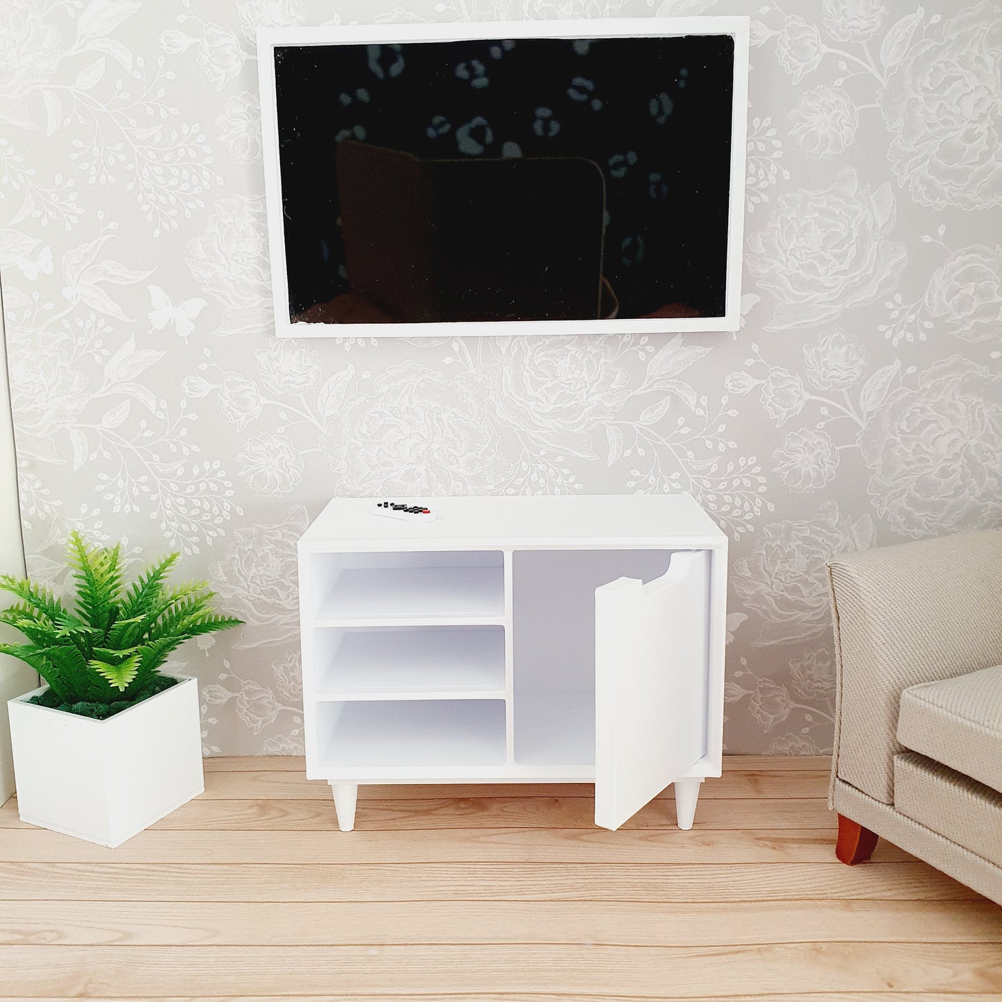 Dolls House Modern Small Sideboard with 3 open shelves & 1 cupboard, Choice of Colours 1:12th Scale, Miniature