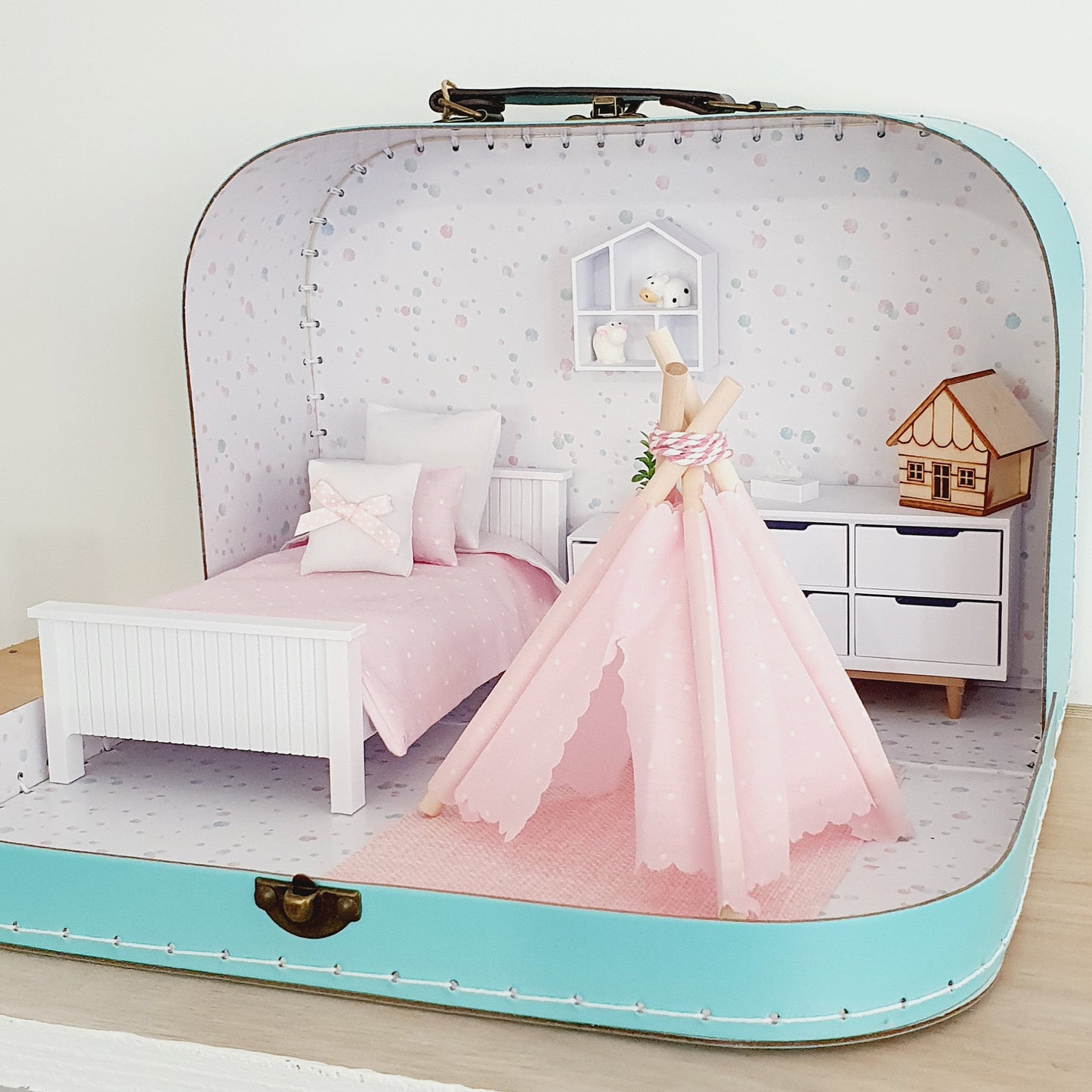 Dolls House in a Travel Suitcase, Pretty pink design, 12th Scale, Miniature case