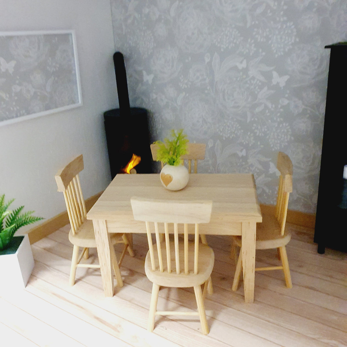 Dolls House Wooden Table and 4 Chairs Set, Miniature Furniture, Dollhouse Accessories, Rustic Farmhouse Style (K-SET)