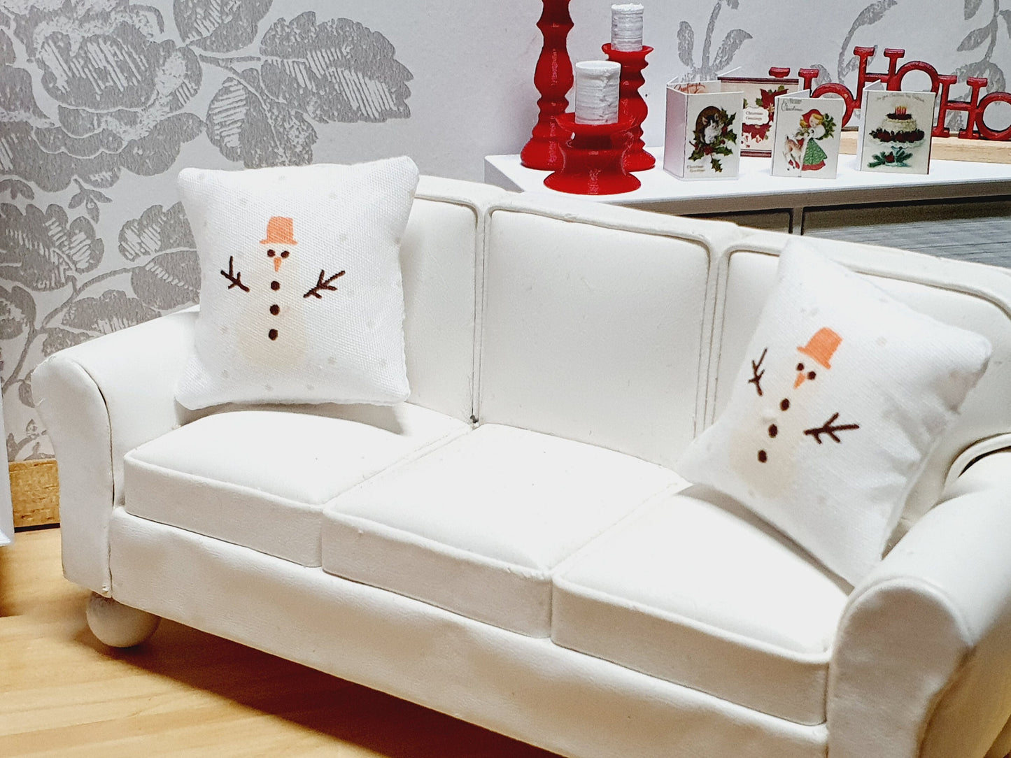 Dolls house Christmas Snowman cushions, 12th scale cushions, miniature cushions