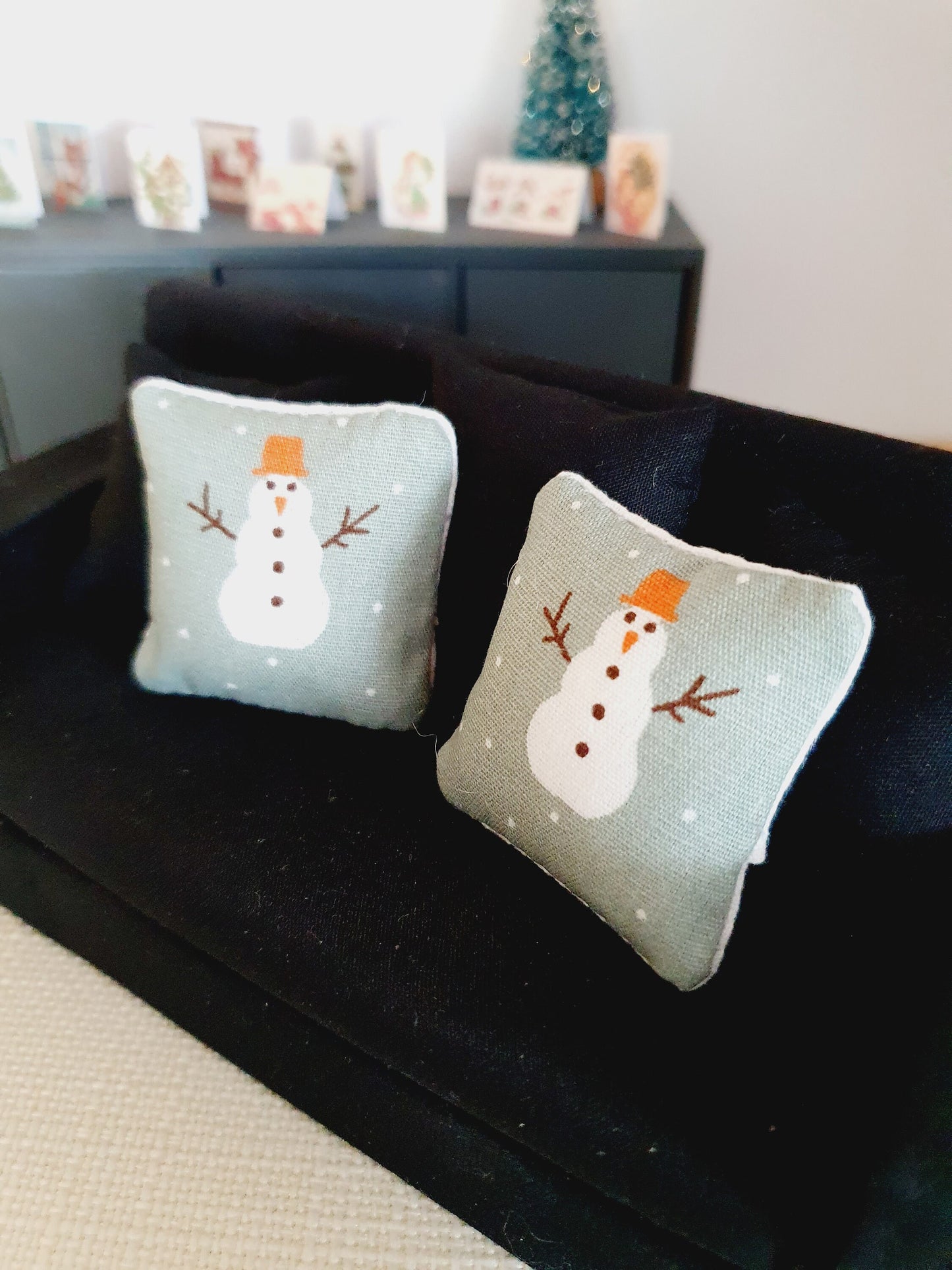 Dolls house Christmas Snowman cushions, 12th scale cushions, miniature cushions